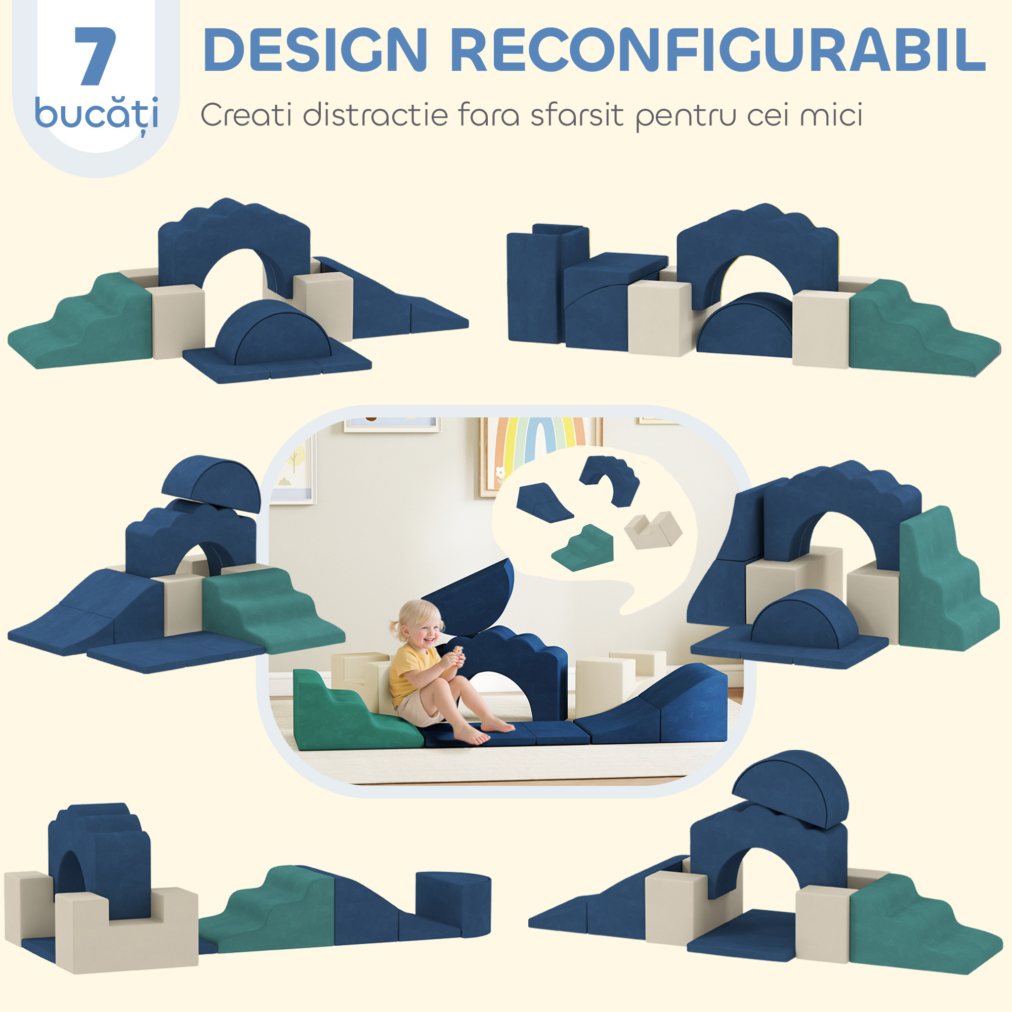  Set 7 Blocuri de Constructie Moi pentru Copii pana la 3 Ani, cu Husa din Catifea, Albastru [3]