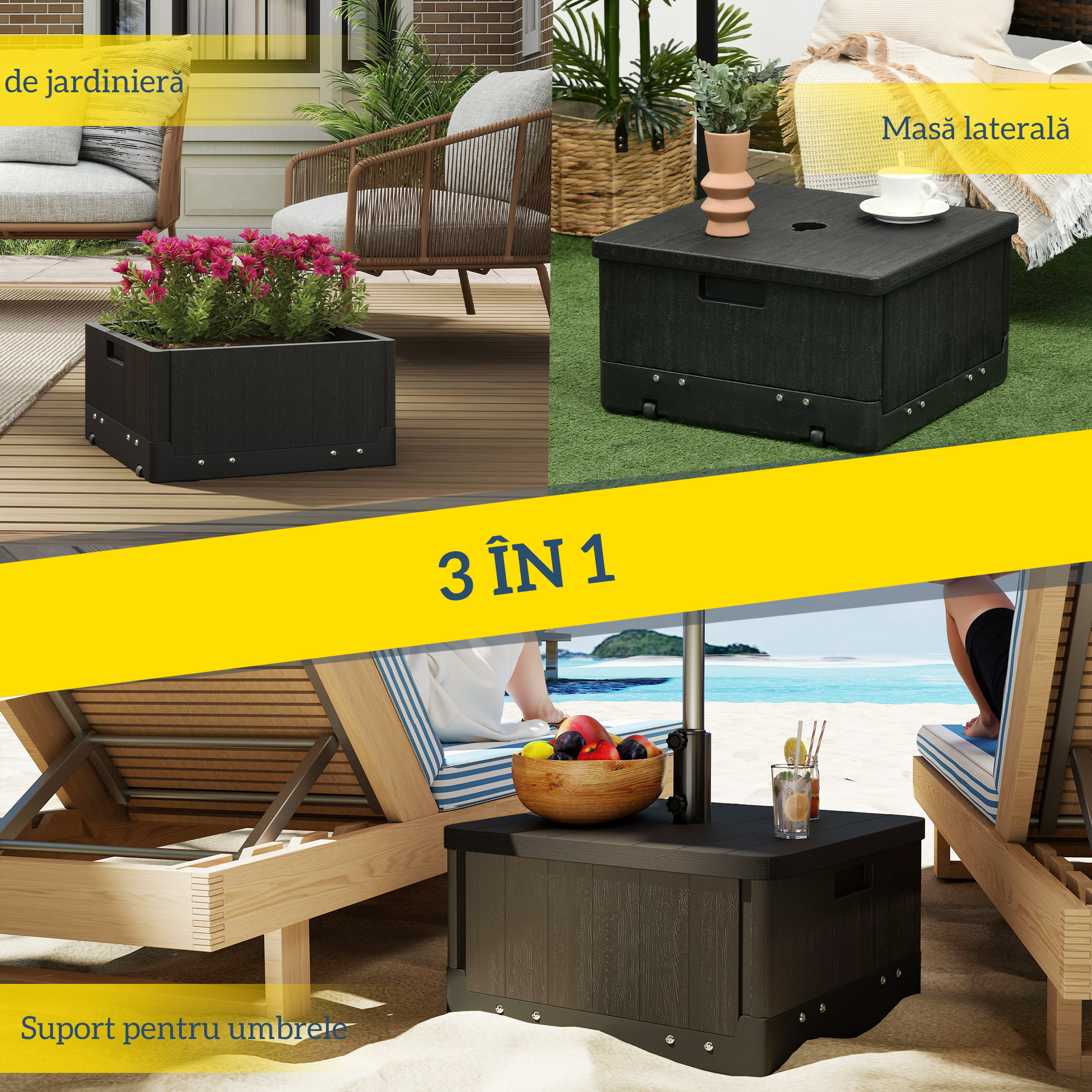  Baza pentru Umbrela 3-in-1 Exterior, Masuta de Cafea, Jardiniera cu Orificiu de Scurgere, Capacitate 80 kg, Suport Umplut cu Roti si Manere pentru Terasa si Piscina, Negru [3]