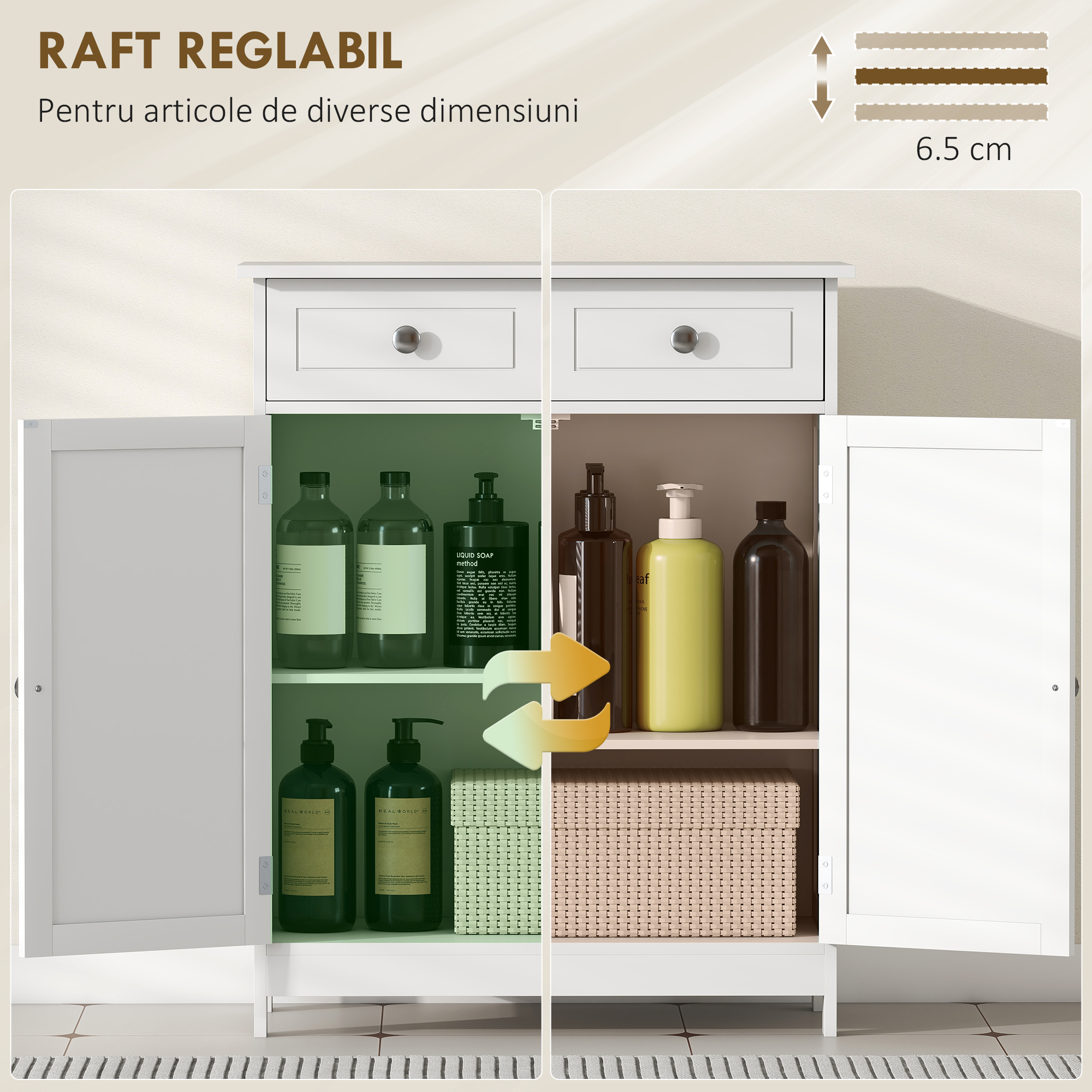  Dulap de Depozitare Organizator Independent pentru Baie de Podea cu 2 Usi, 2 Sertare si Raft Reglabil, Alb [4]