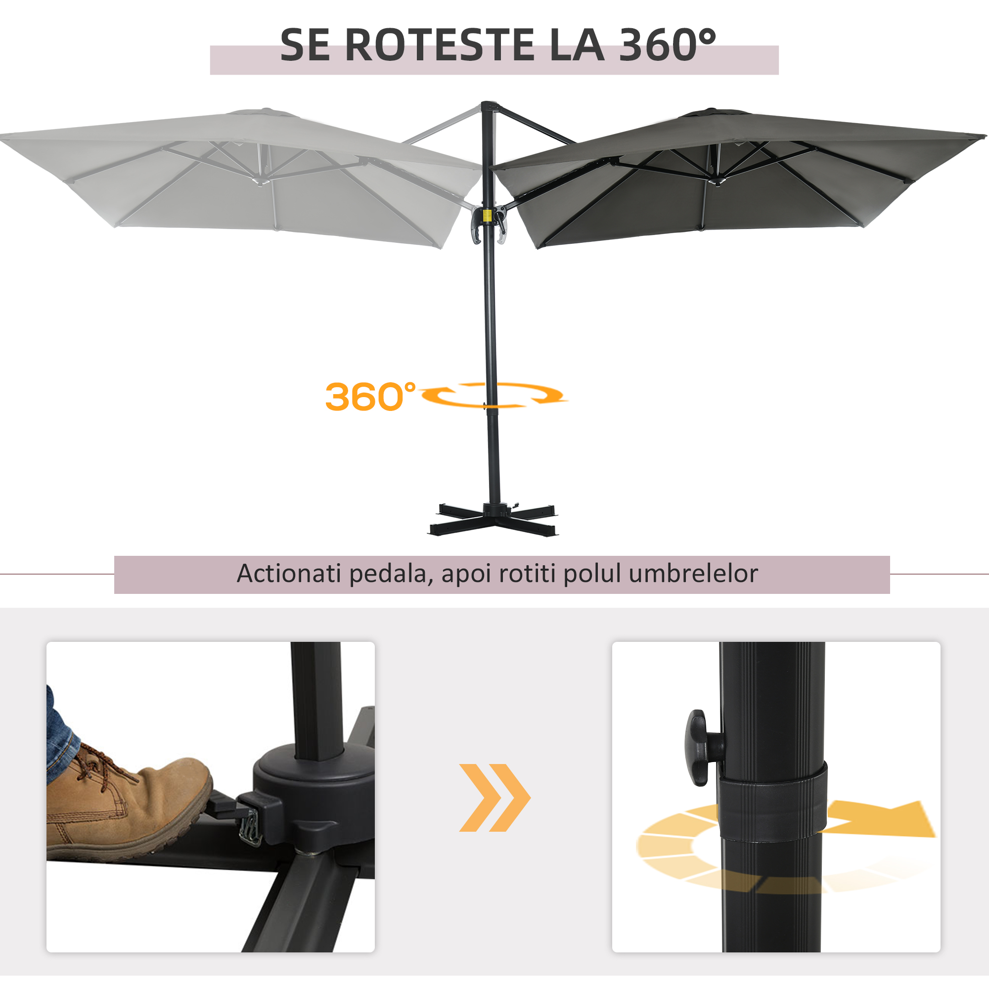  Umbrela de Gradina cu Manivela de Mana cu Unghi Reglabil pe 5 Niveluri si Rotatie la 360°, 245x245x245 cm, Gri [3]