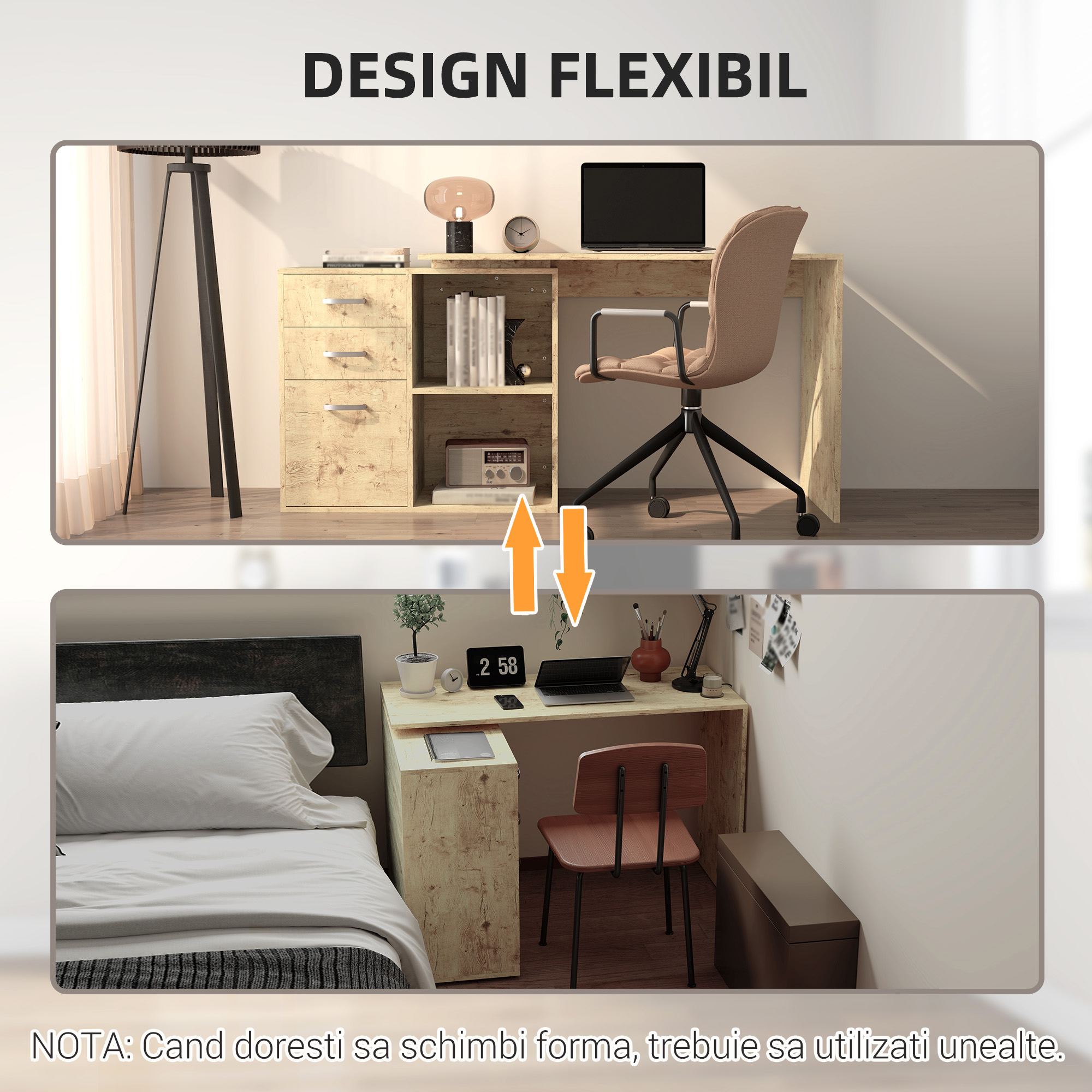  Birou Coltar pentru PC cu 3 Sertare si Rafturi Deschise, din Lemn si Metal, 117x83.5x76 cm, Nuc [4]