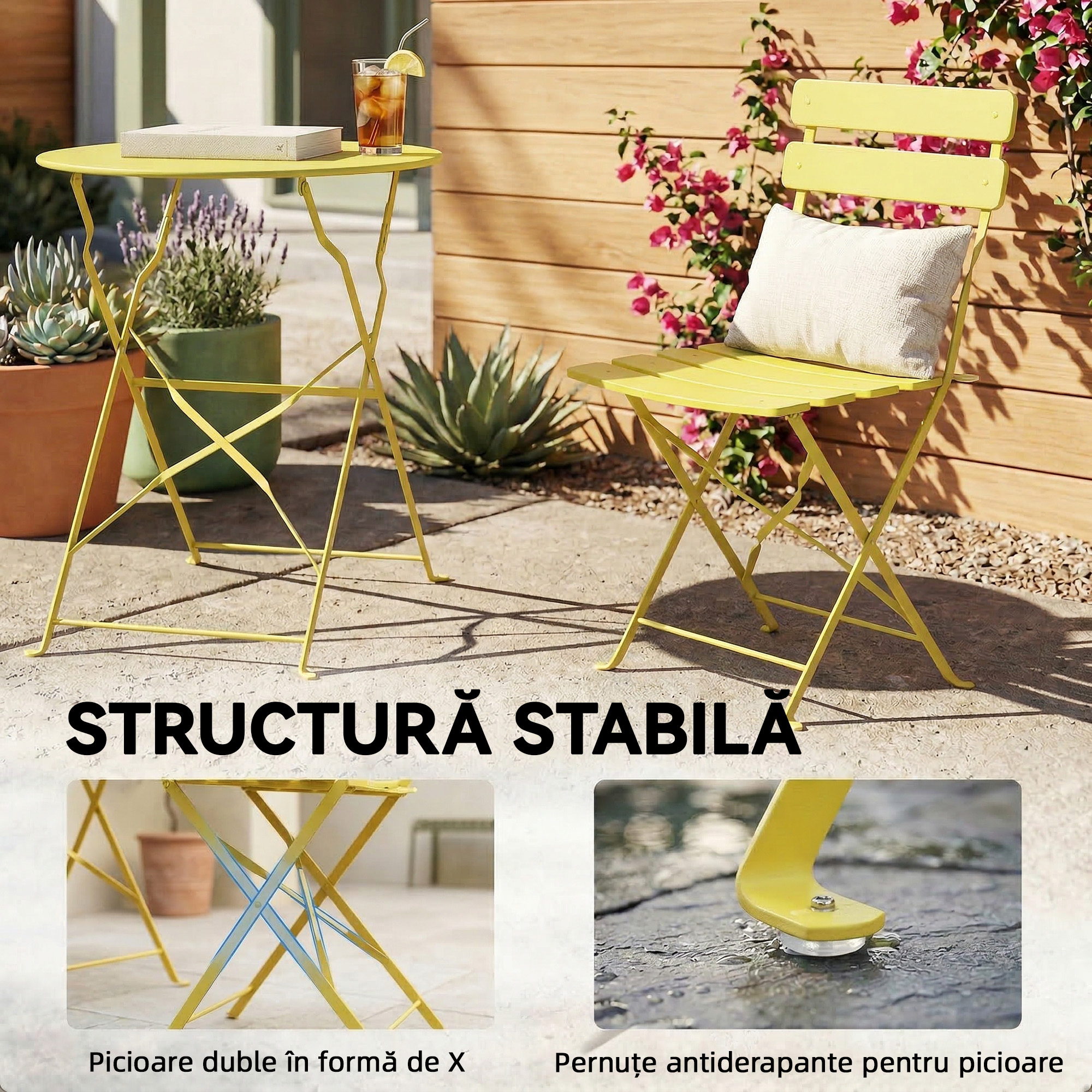  Set Bistro, Masa si Scaune Pliabile pentru 2, Gradina, Galben. [7]