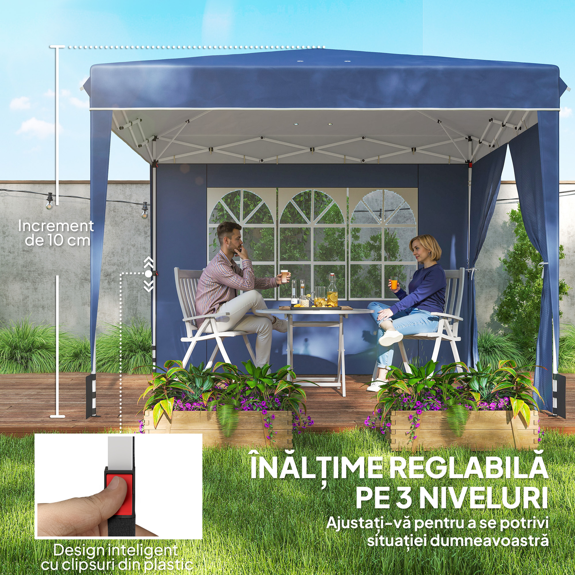  Foisor 3x3 m Pliabil Pop Up cu inaltime Reglabila, Foisor de Gradina cu Pereti Laterali, Saci de Nisip, Geanta de Transport, UV50+, pentru Exterior, Camping, Petreceri, Albastru inchis [7]