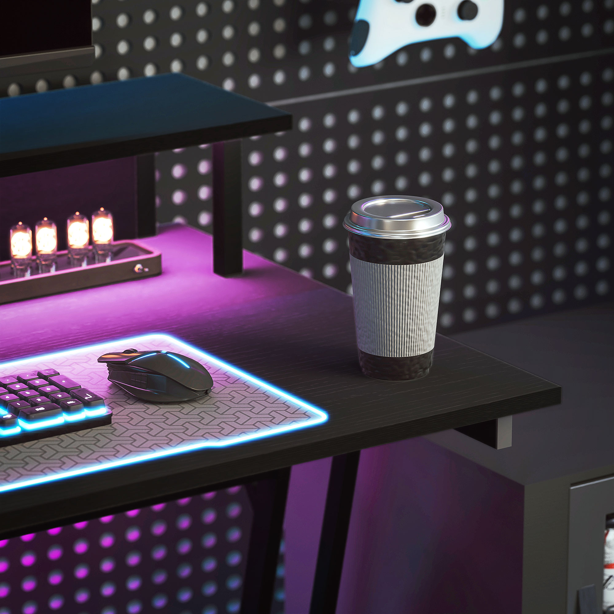  Birou Gaming cu Lumini LED si Suport pentru Monitor, din PAL si Otel, 100x60x88.5 cm, Negru [8]