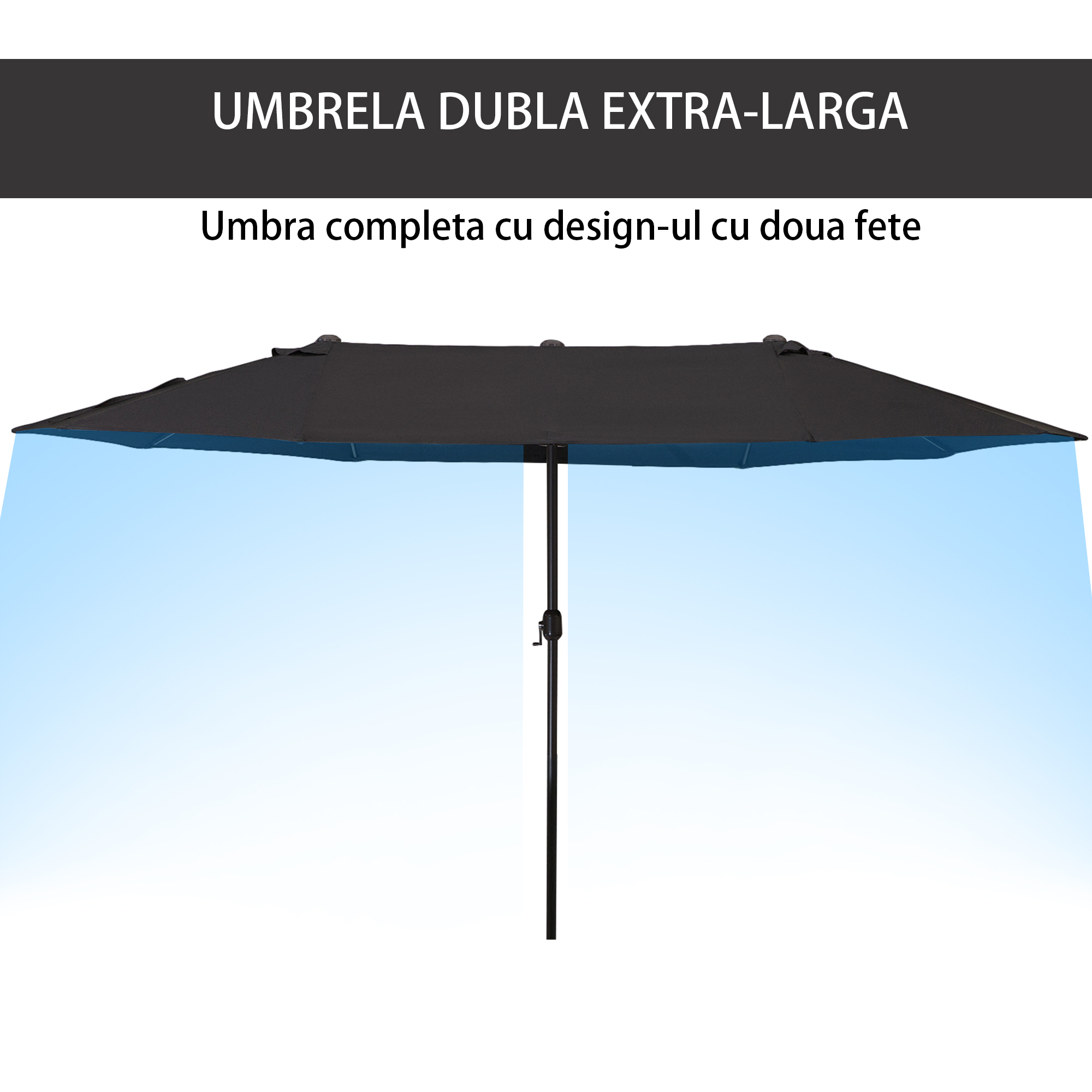  Umbrela de Soare Dubla de Gradina cu Deschidere prevazuta cu Manivela, Otel si Poliester, 460x270x240cm, Negru [3]