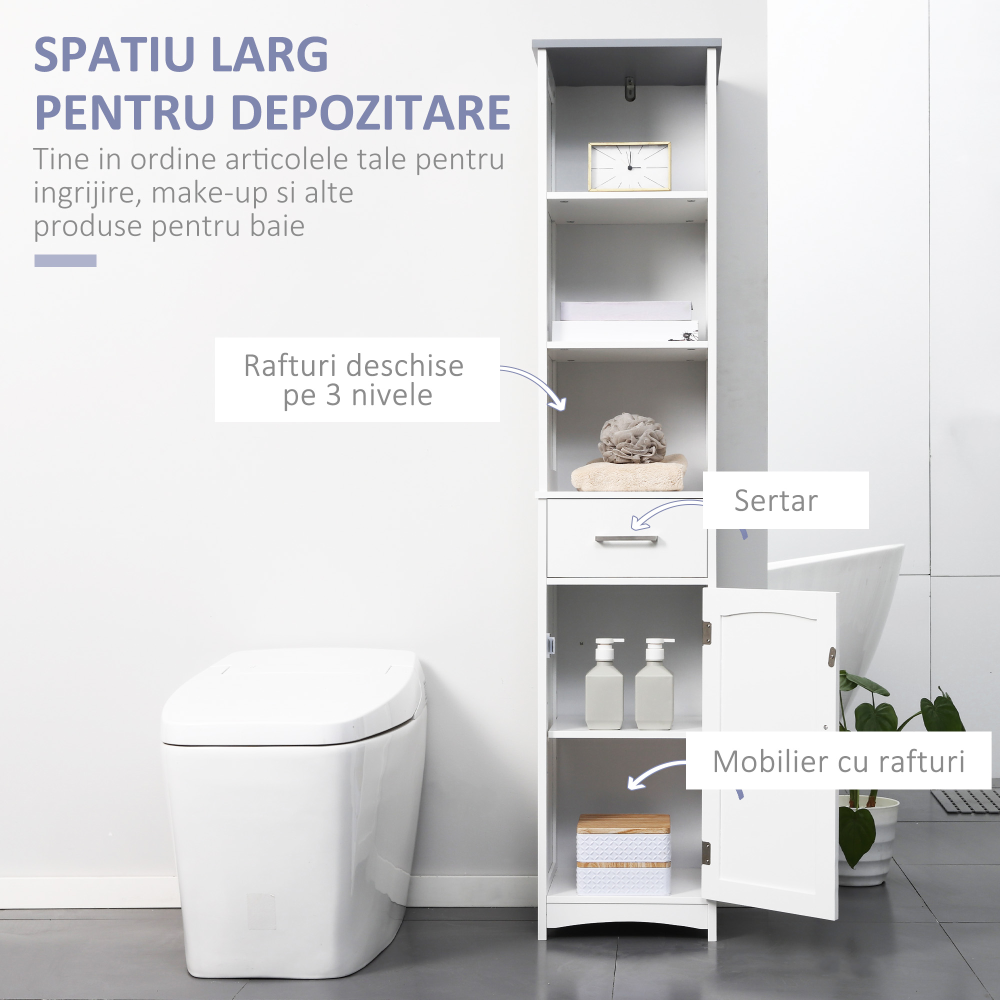  Dulapior de baie cu Raft cu 3 niveluri, din MDF Lacuit, 34x30x163cm, Alb si Gri [3]