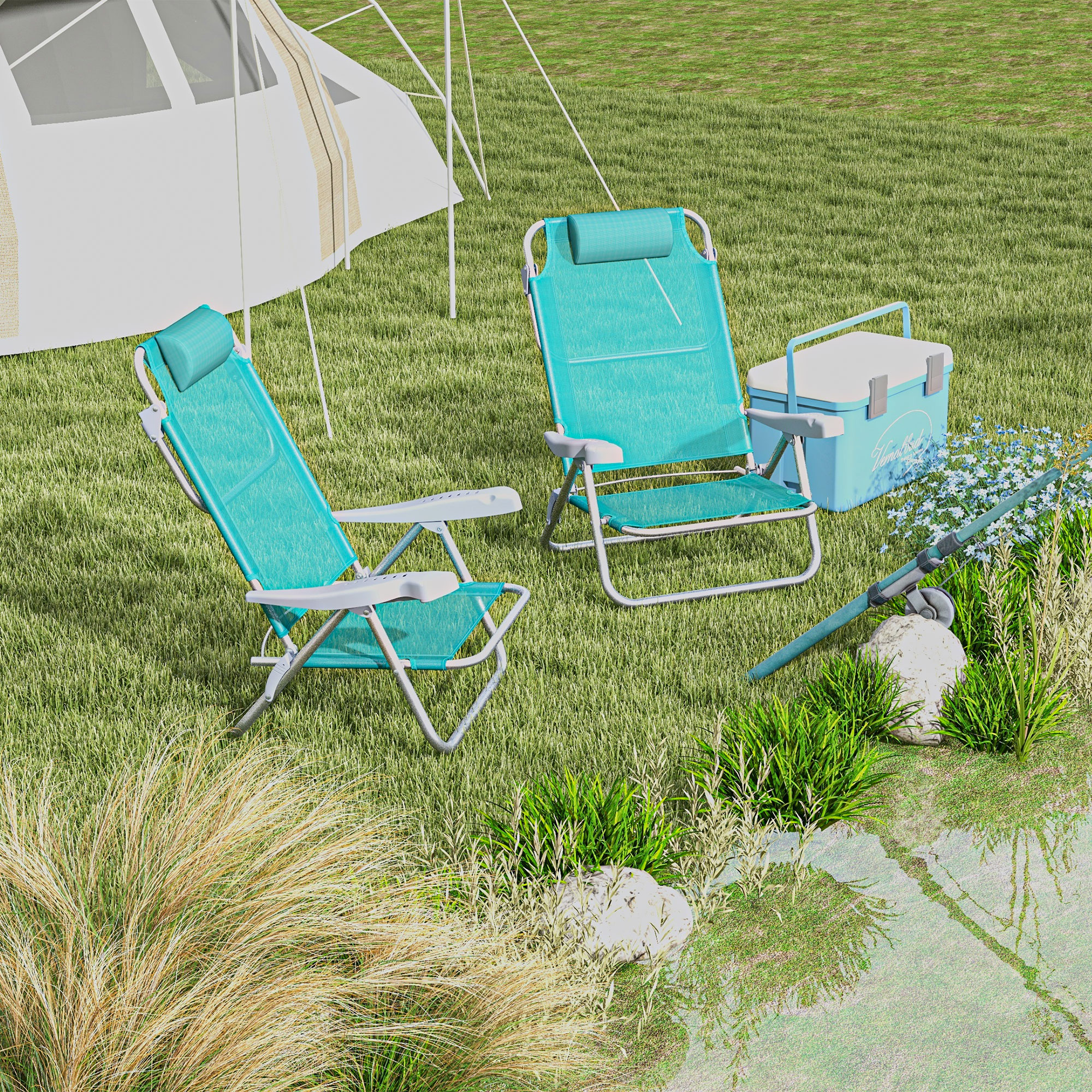  Set 2 Scaune de Camping Pliabile cu Tetiera Captusita si Spatar Reglabil in 6 Pozitii, 62x65x80 cm, Albastru [1]