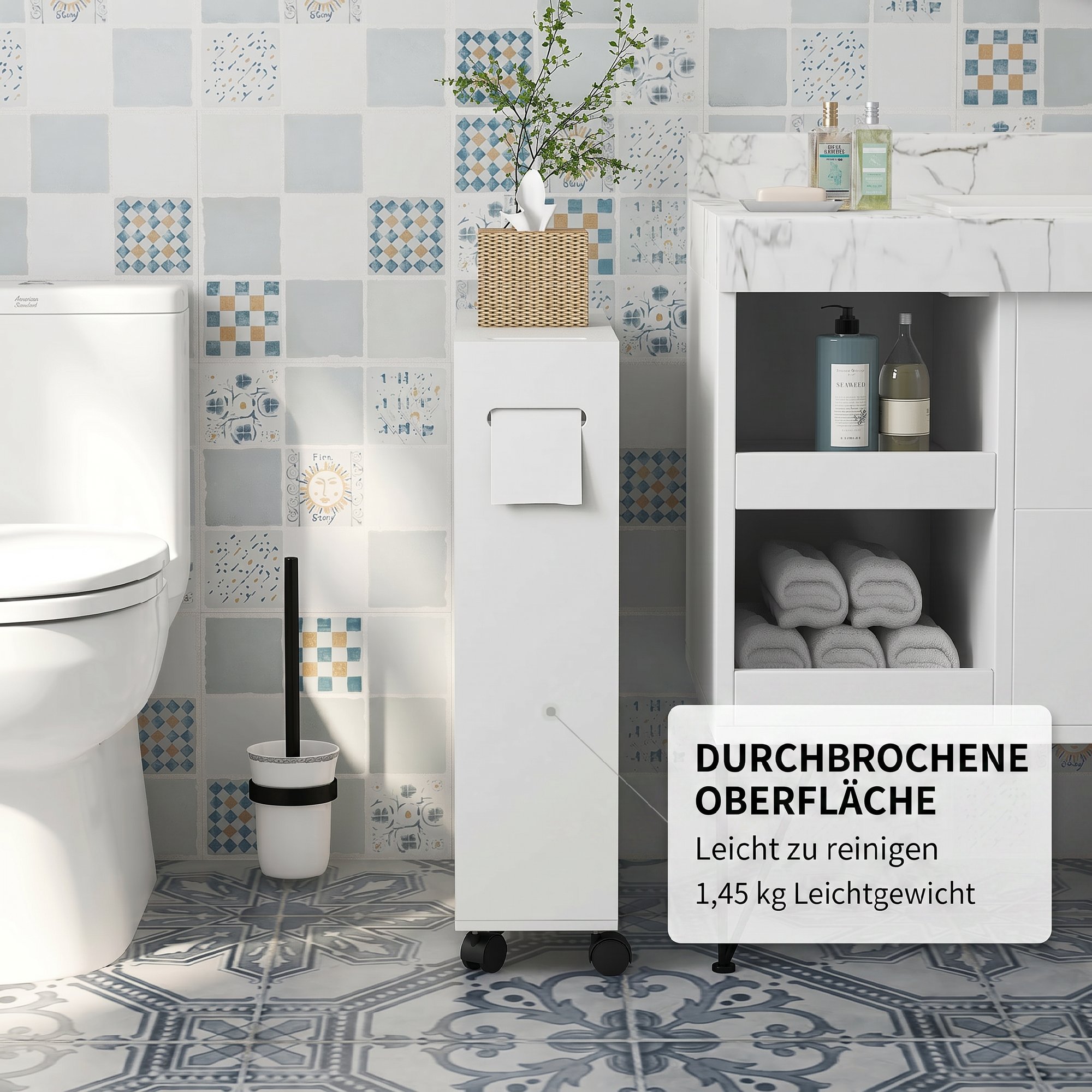  Corp de depozitare toaleta/baie cu locas pentru hartie igienica pe roti - 52 x 17 x 67 cm alb [7]