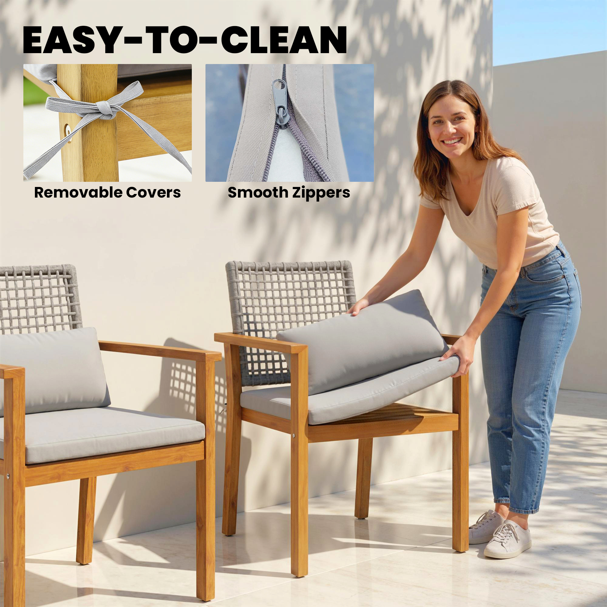  Set 2 Scaune Lemn Acacia cu Perne si Perne Decorative, Natural. [3]