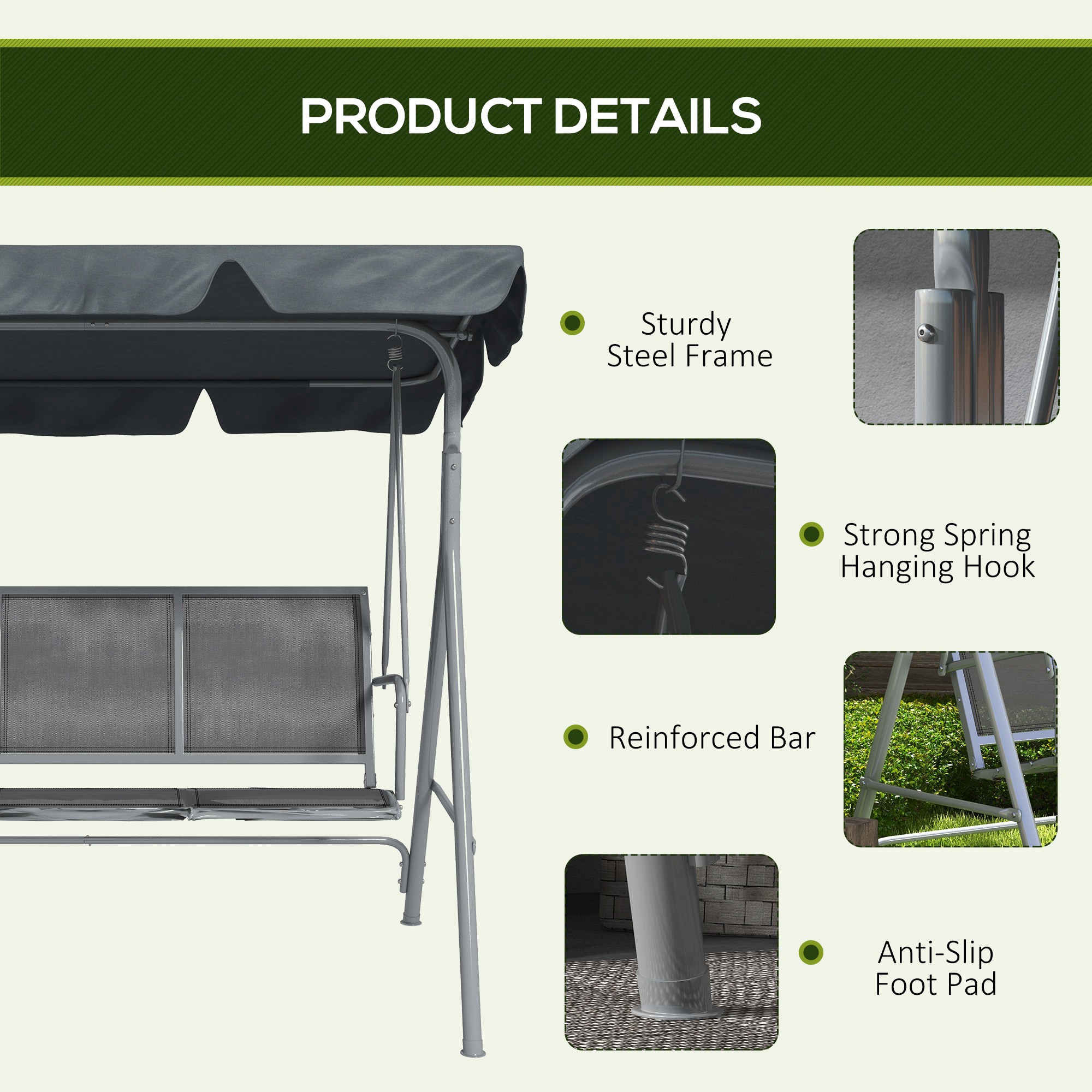  Balansoar de Gradina 3 Locuri cu Acoperis Reglabil si Detasabil, sezut din Poliester, Capacitate 240 kg, 171x108x154 cm, Gri inchis [5]