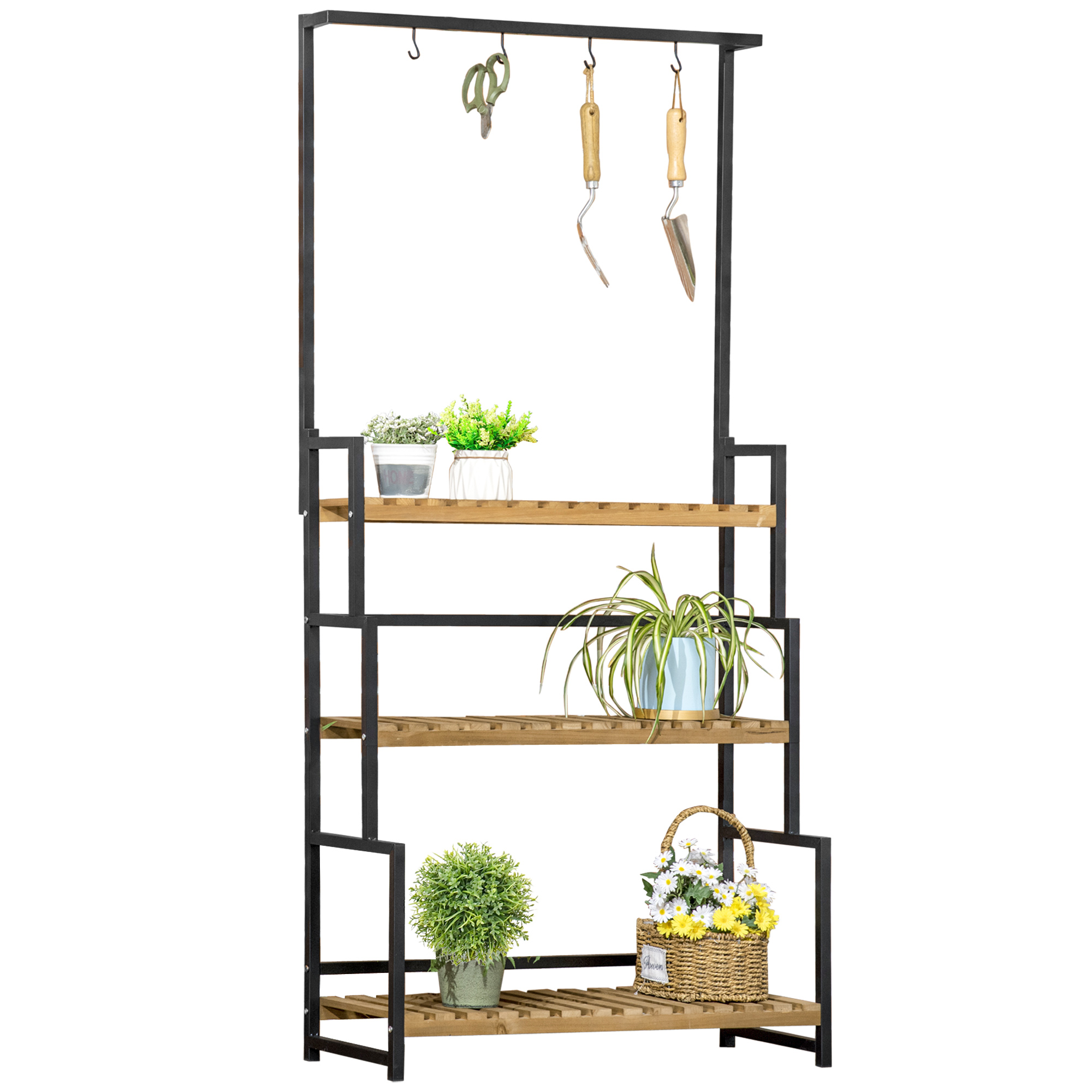 Living & hol -  Suport de flori cu 3 niveluri cu carlige din lemn de brad si metal pentru interior si exterior, 80x36x174 cm, culoare negru si lemn