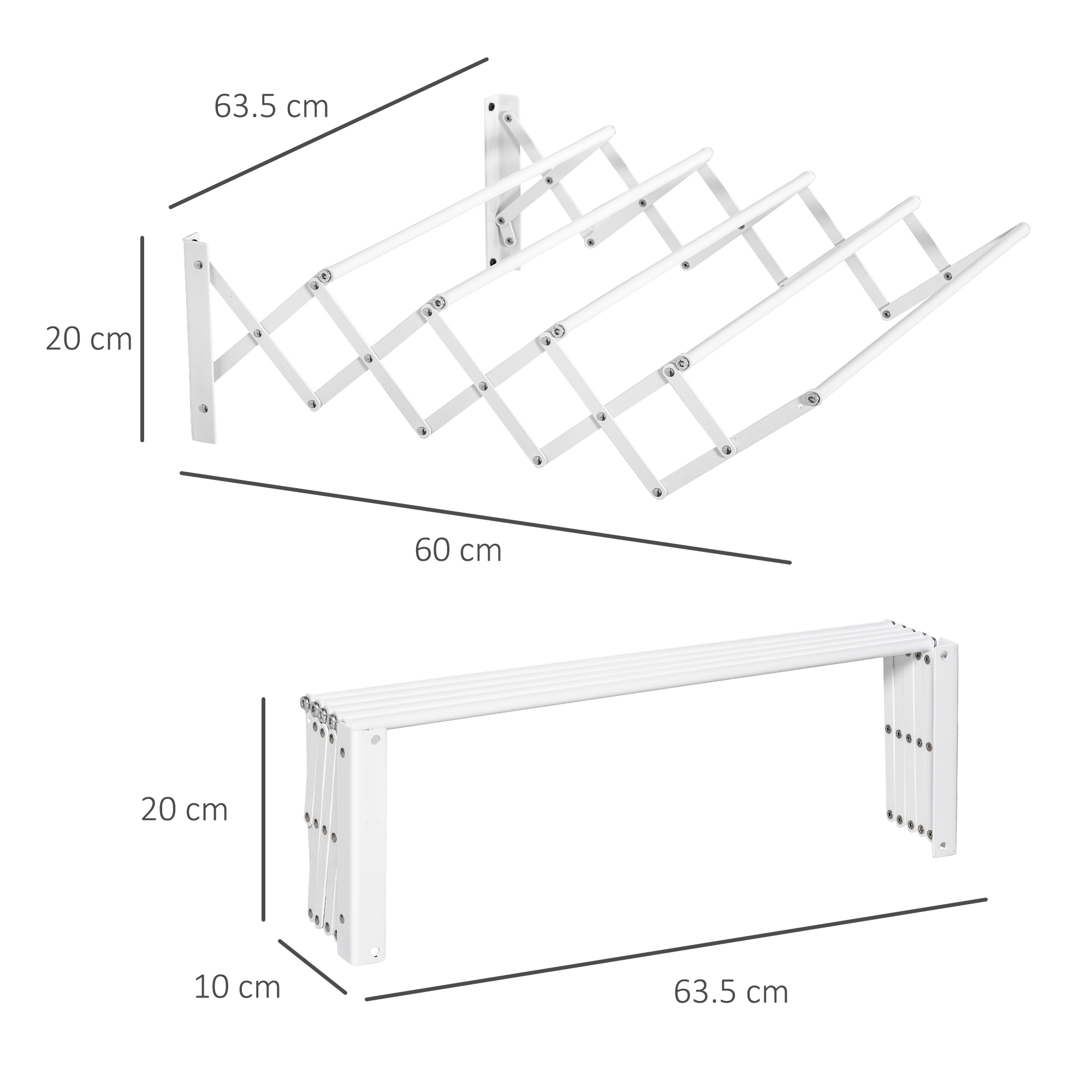  Uscator de Rufe Retractabil pentru Perete, Uscator Pliabil Economisitor de Spatiu din Metal pentru Interior si Exterior, 63,5x60x20 cm, Alb [2]