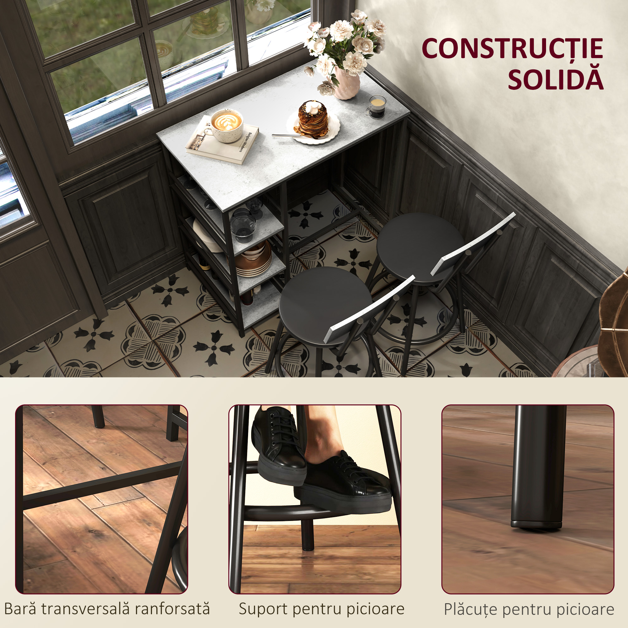  Set de luat masa din 3 piese cu bar cu rafturi si 2 scaune inalte cu spatar, gri deschis [6]