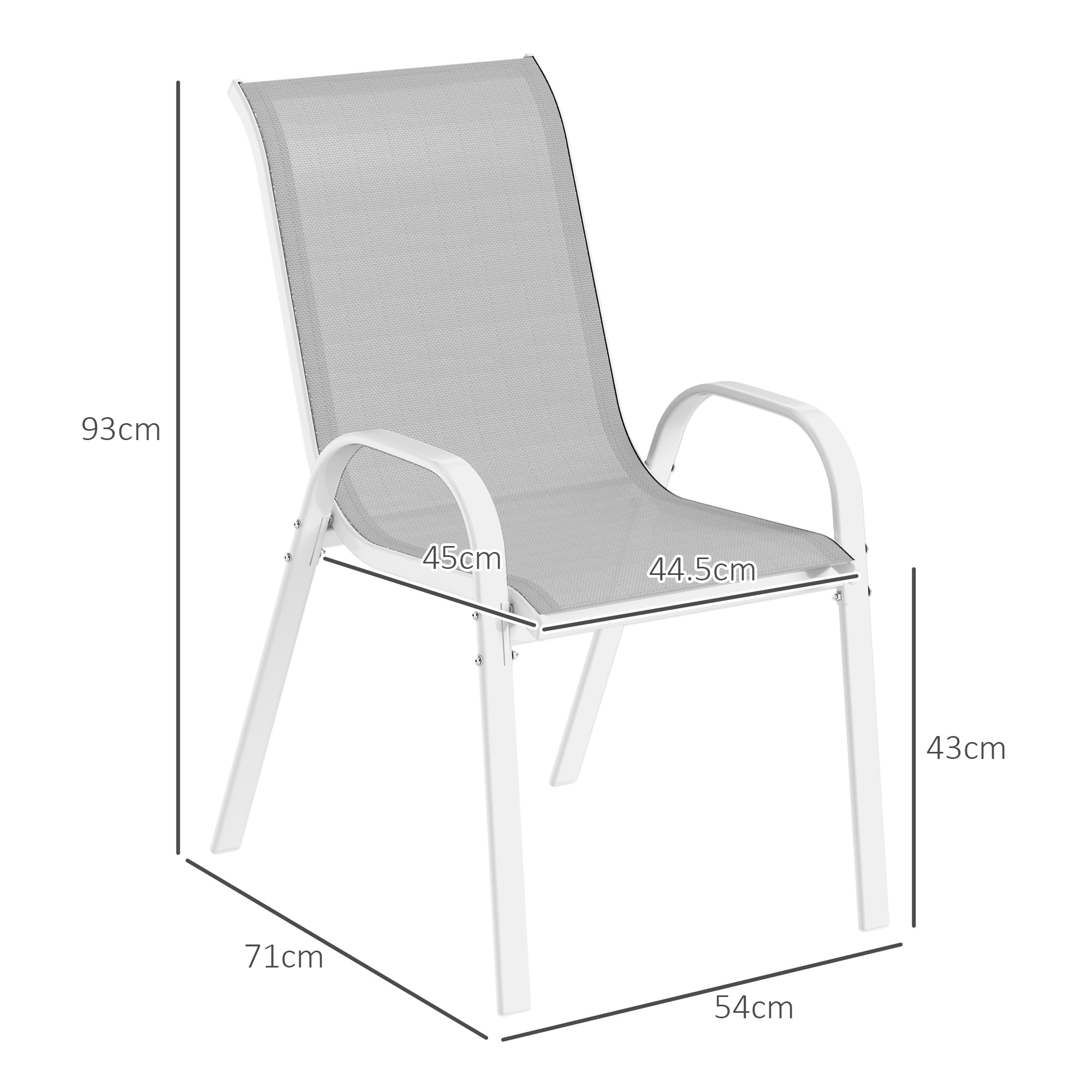  Set 4 Scaune de Gradina Stivuibile cu Brate Curbate, din Otel si tesatura Respirabila, 54x71x93 cm, Gri Alb [2]