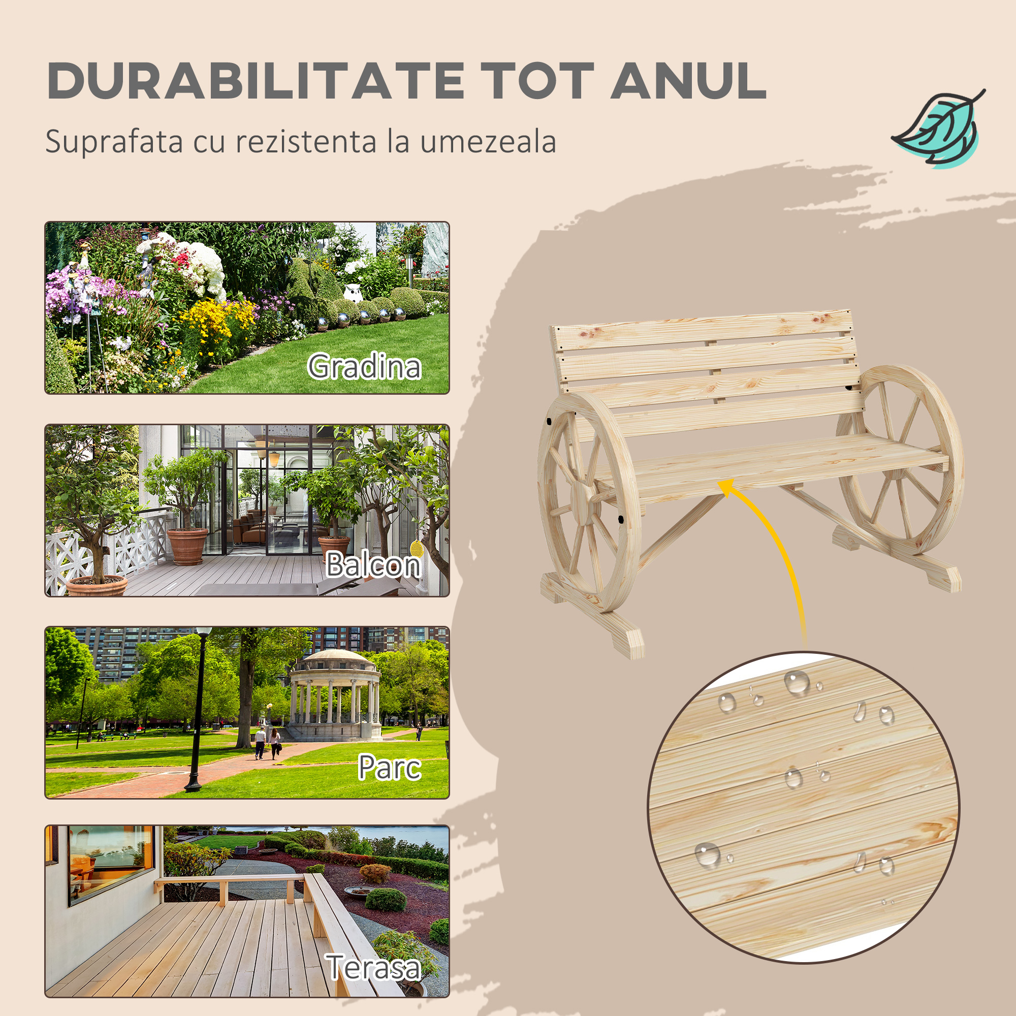  Banca de Gradina cu 2 Locuri, din Lamele cu Manere in Forma de Roata de Caruta, din Lemn, 105,5x56x79 cm, Culoare Lemn [5]