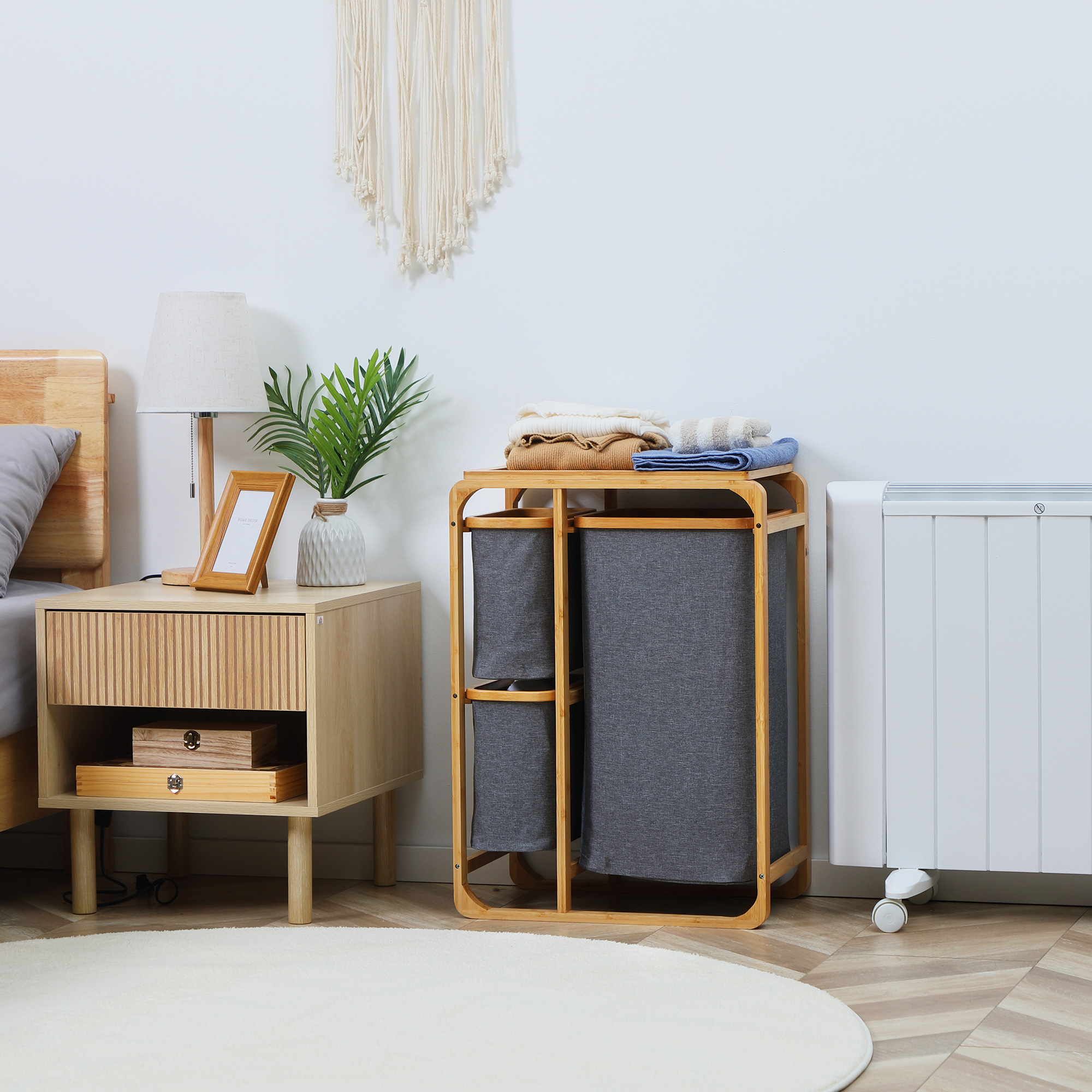  Cos de rufe din bambus , cos de rufe cu 3 pungi glisante din material textil si raft deschis, cos de spalat cu 3 sectiuni, economiseste spatiu, natural [1]