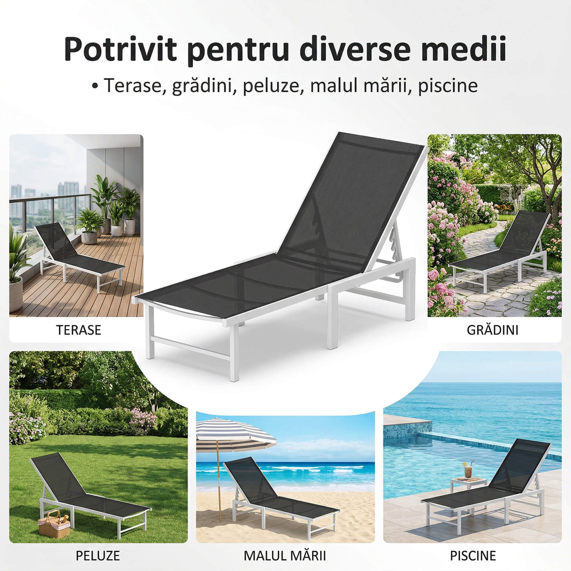  sezlong cu spatar reglabil pe 5 niveluri, din otel si textilen, 60x166x84 cm, alb si gri [6]