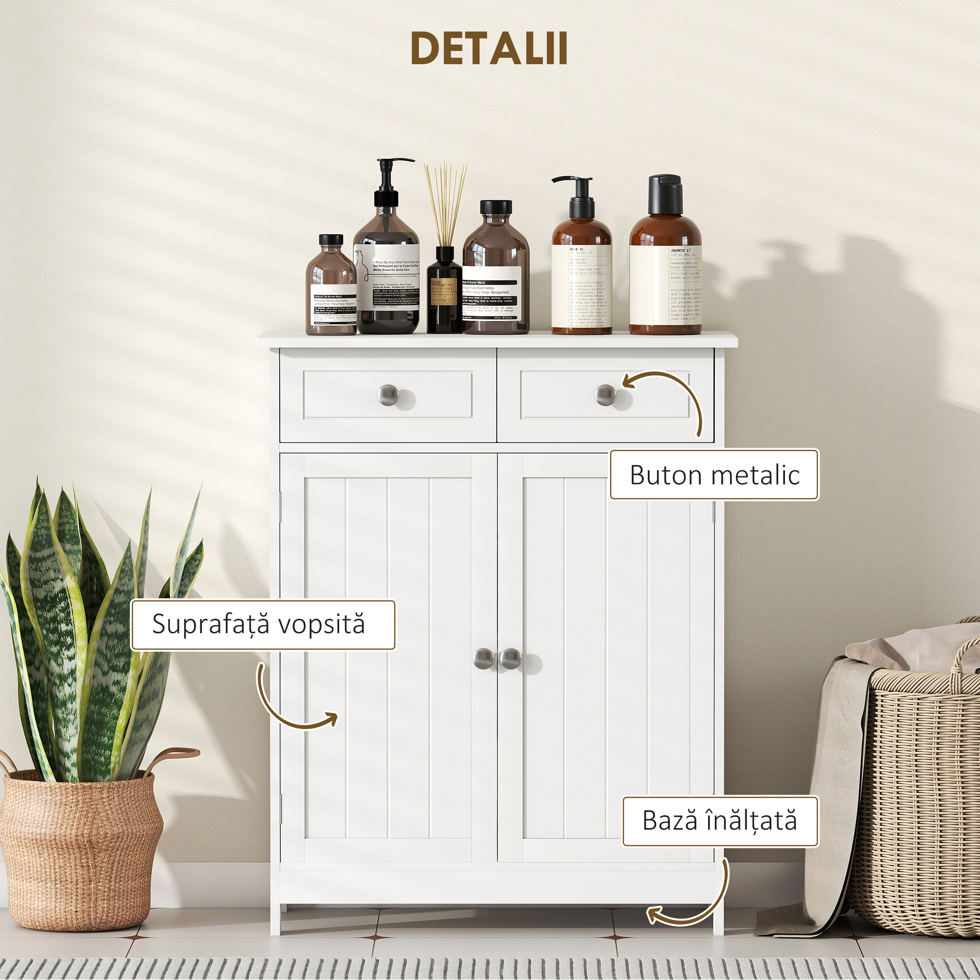  Dulap de Depozitare Organizator Independent pentru Baie de Podea cu 2 Usi, 2 Sertare si Raft Reglabil, Alb [5]