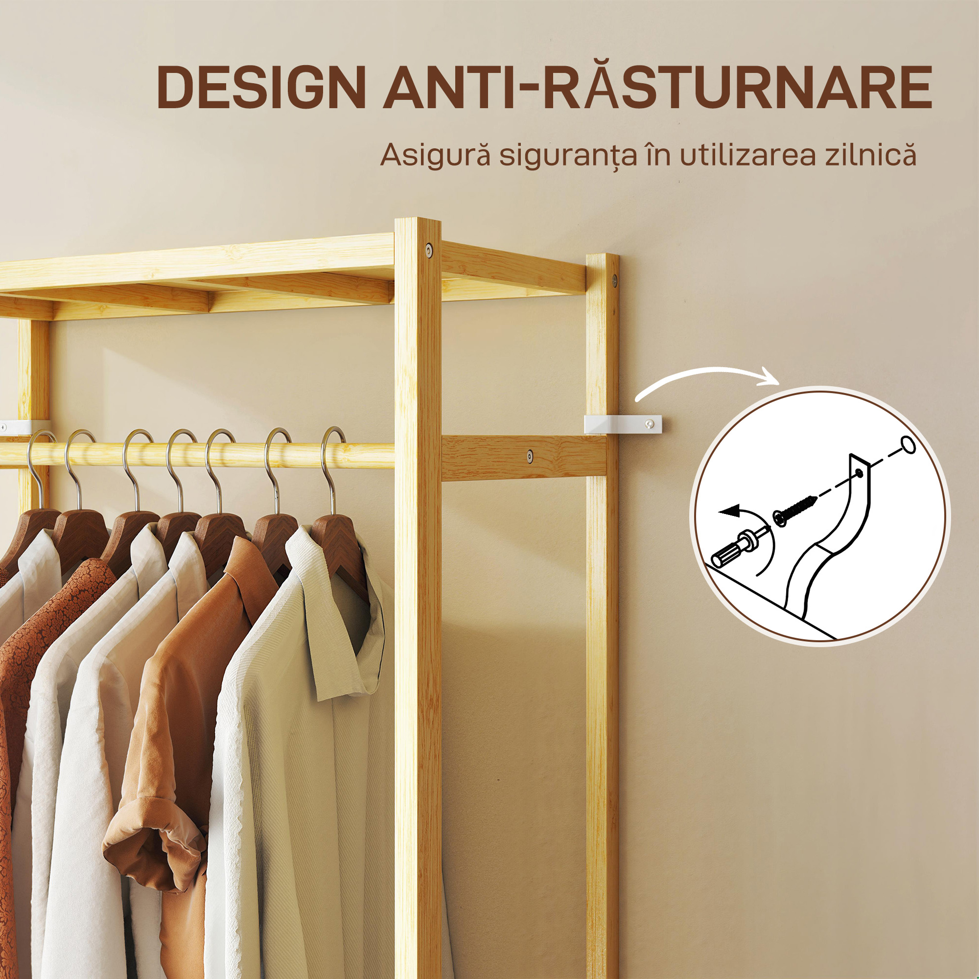  Cuier de Podea cu Bara si 4 Roti, Economisire Spatiu, Cuier din Bambus cu Rafturi Inferioare, pentru Dormitor, Hol, 70x35x175 cm, Lemn Natural [6]