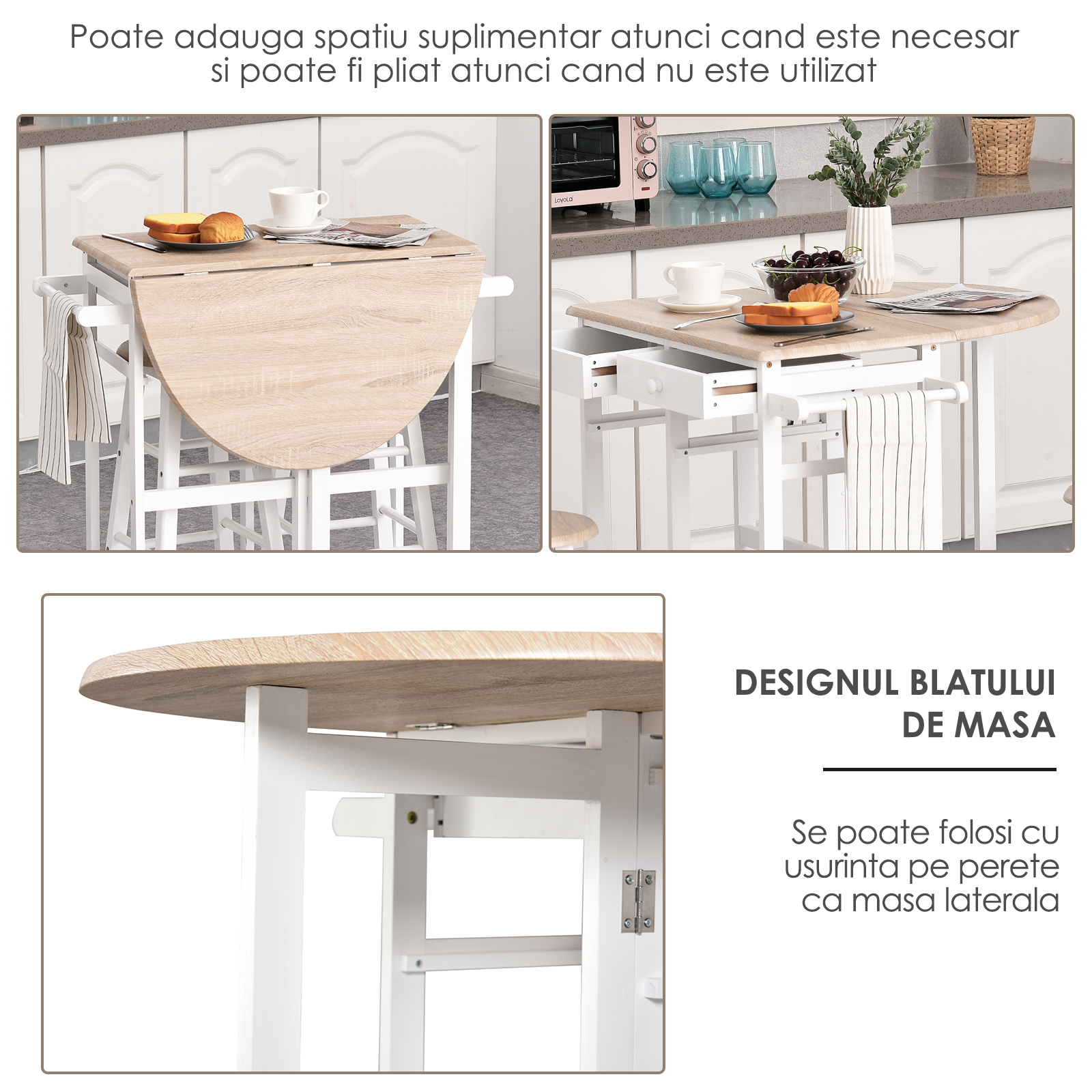  Carut Bucatarie Pliabil - Cu 2 Scaune Incluse, MDF Alb [6]