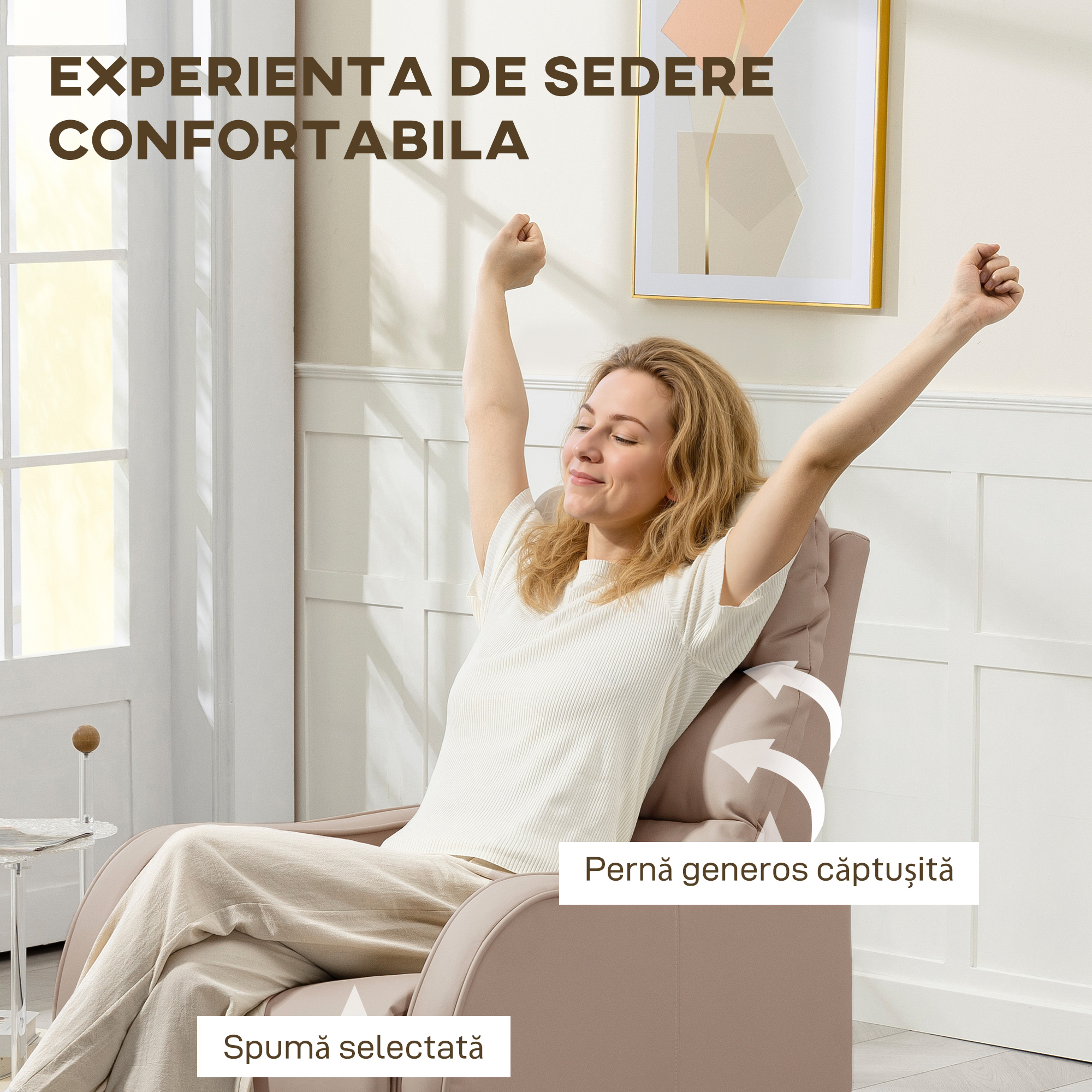  Fotoliu Reclinabil 160° cu Suport pentru Picioare, din Piele PU, Lemn si Otel, 65x89x100 cm, Maro Deschis [4]