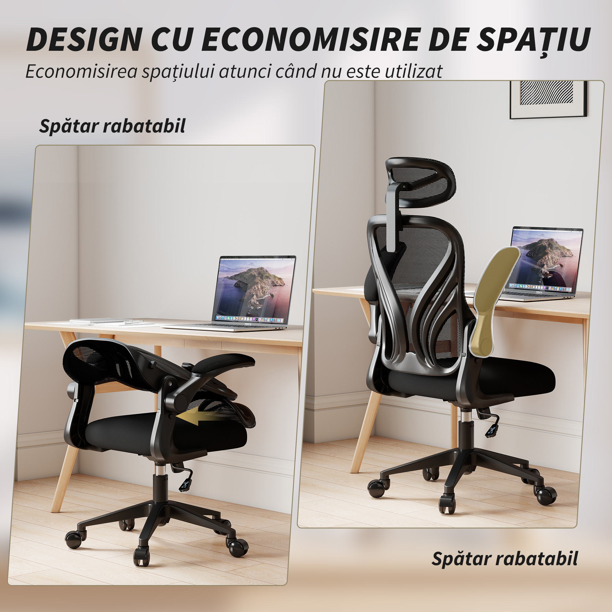  Scaun de Birou Ergonomic cu Brate Rabatabile, Suport Lombar si Tetiera Reglabila, Negru [6]