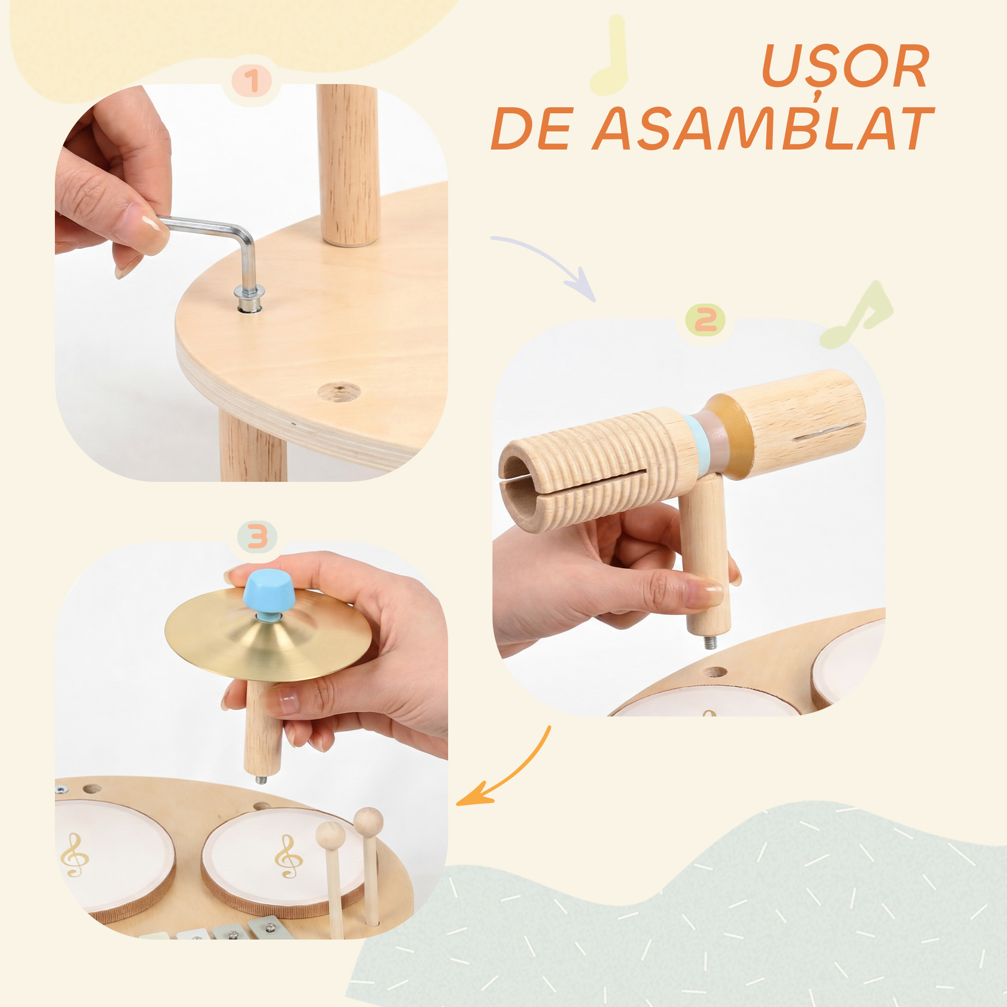  Set de Instrumente Muzicale pentru Copii de la 2+ Ani cu Tobe si Xilofon, Culoare Naturala [6]