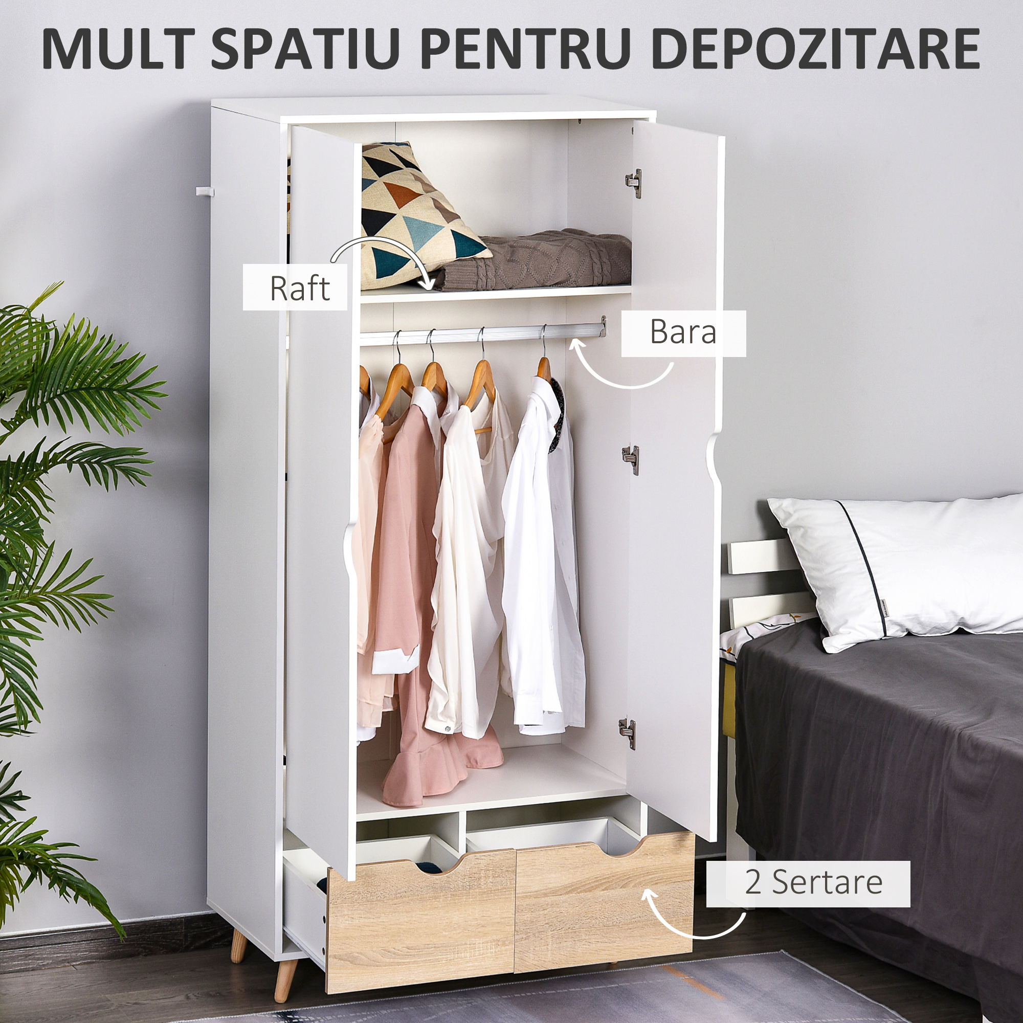  Dulap Elegant 2 Sertare & Raft pentru Haine - Alb [3]