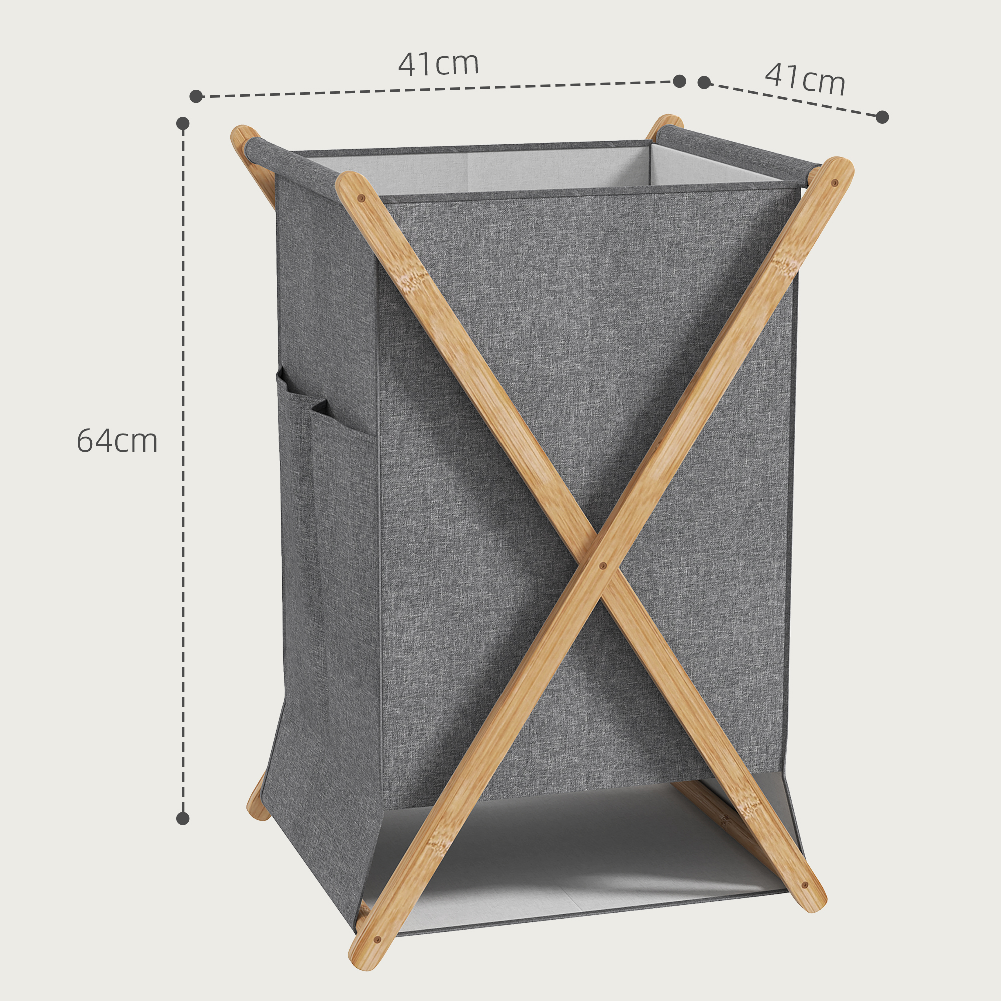  Cos Pliabil pentru Rufe 55L din Material Textil si Cadru din Bambus pentru Camera si Spalatorie, 41x41x64 cm, Gri [2]