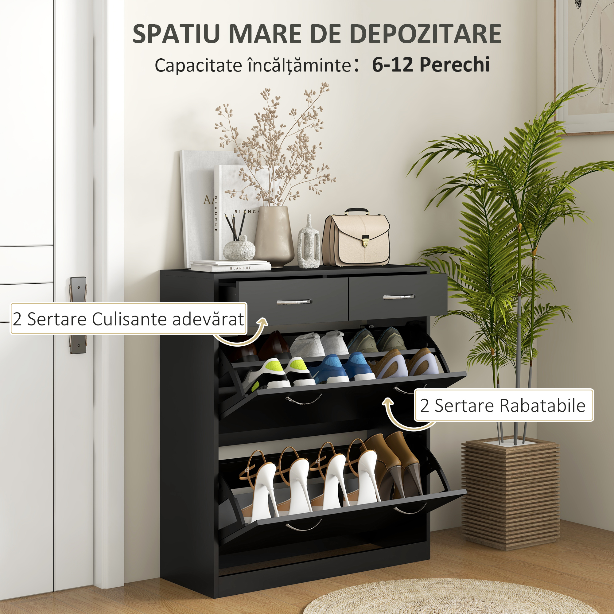  Dulap pentru Pantofi Modern cu 2 Rafturi Regabile si 2 Sertare din Lemn Negru [3]