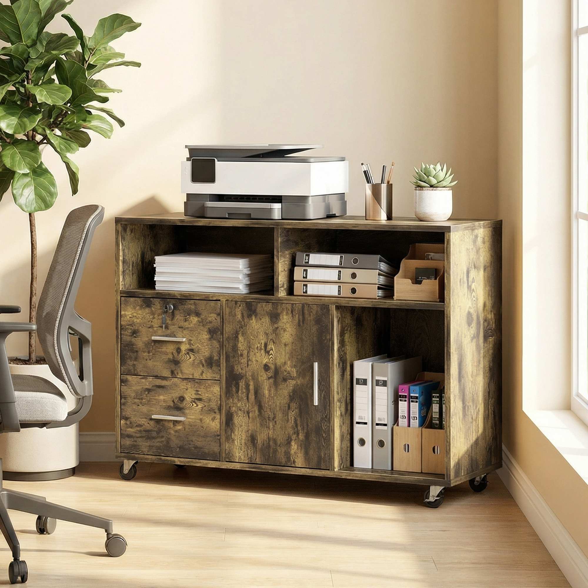 Dulap pentru Imprimanta pe Roti cu 2 Sertare cu incuietoare, 3 Rafturi si Dulap, Dulap pentru Documente de Birou si Studio, 100x35x65 cm, Maro Rustic [7]