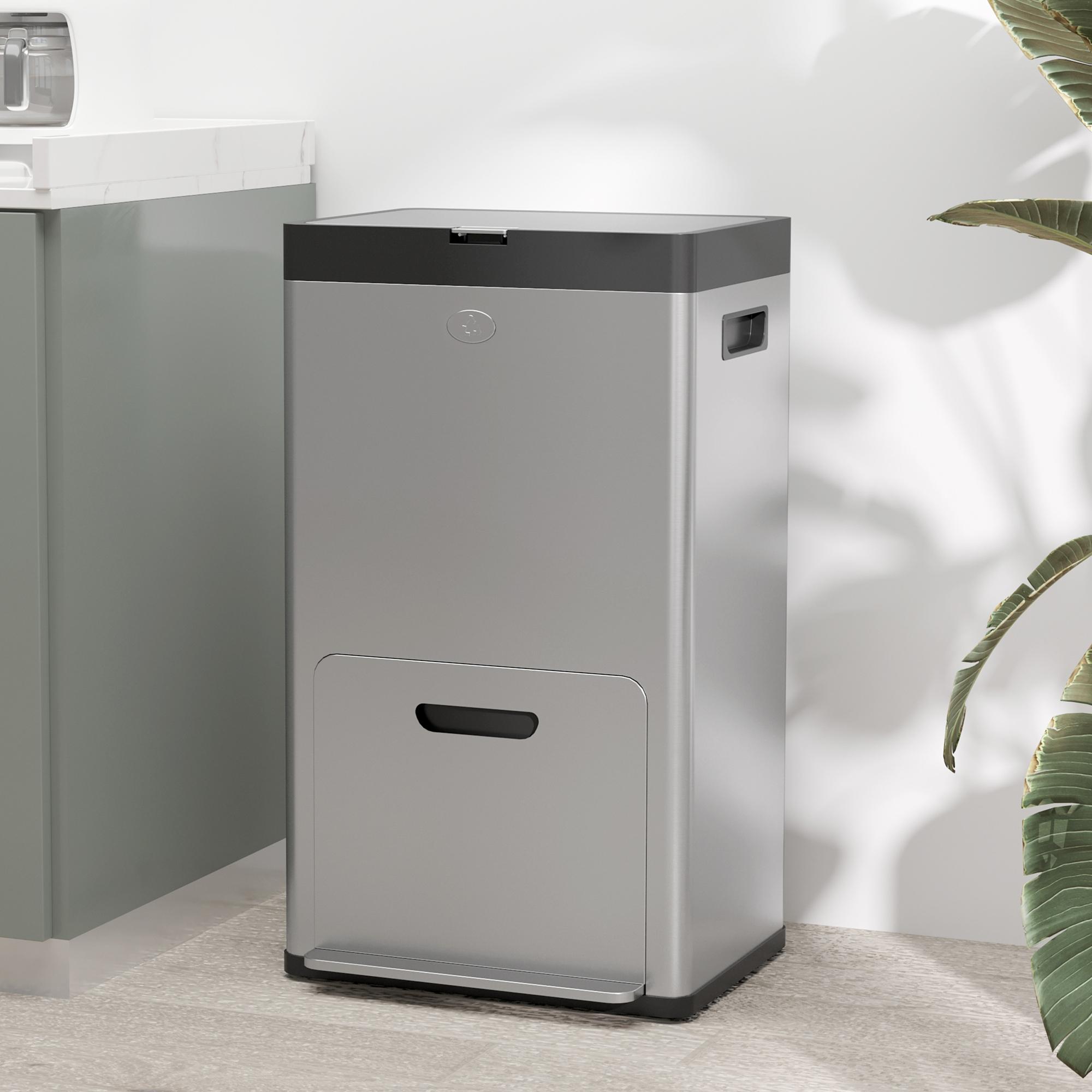  Cos de Gunoi cu 3 Compartimente de 56L, Pedala si inchidere Silentioasa, 45,7x35,8x76 cm, Argintiu [1]