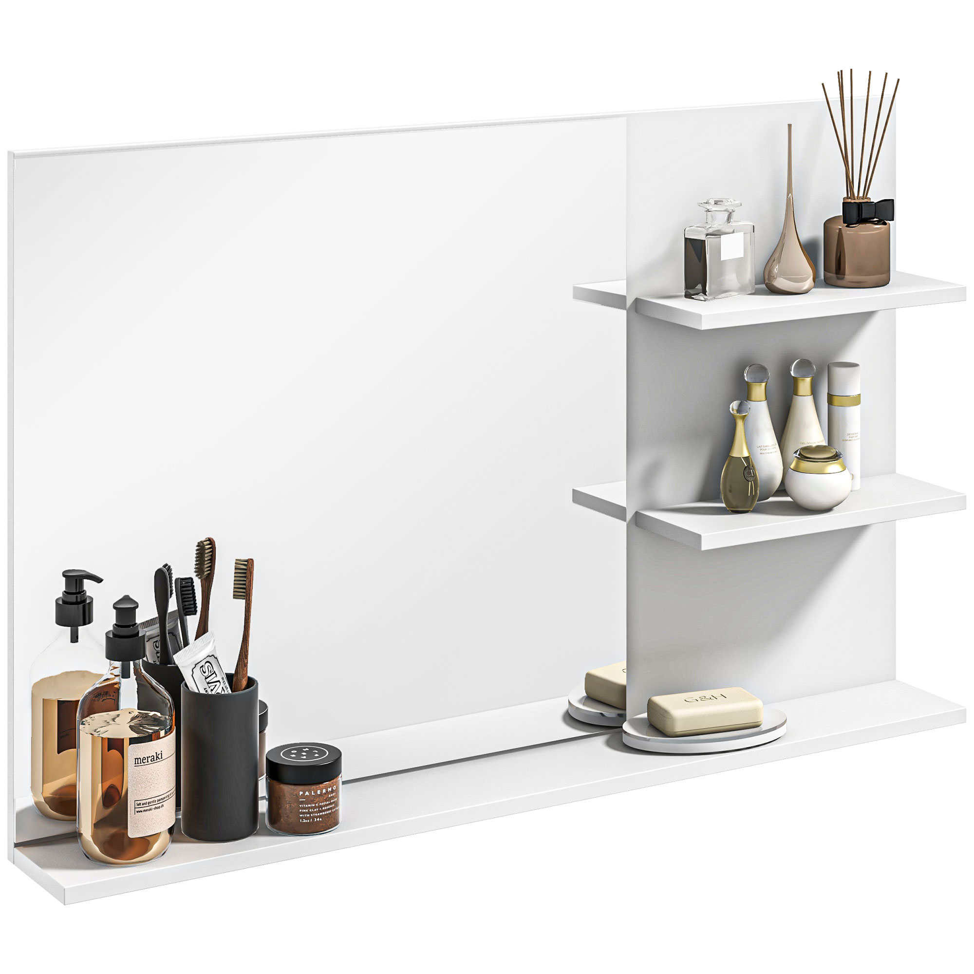 Dormitor & birou -  Oglinda de Baie cu Rafturi de Depozitare, Oglinda de Machiaj Dreptunghiulara Oglinda de Perete Suspendata, Alb