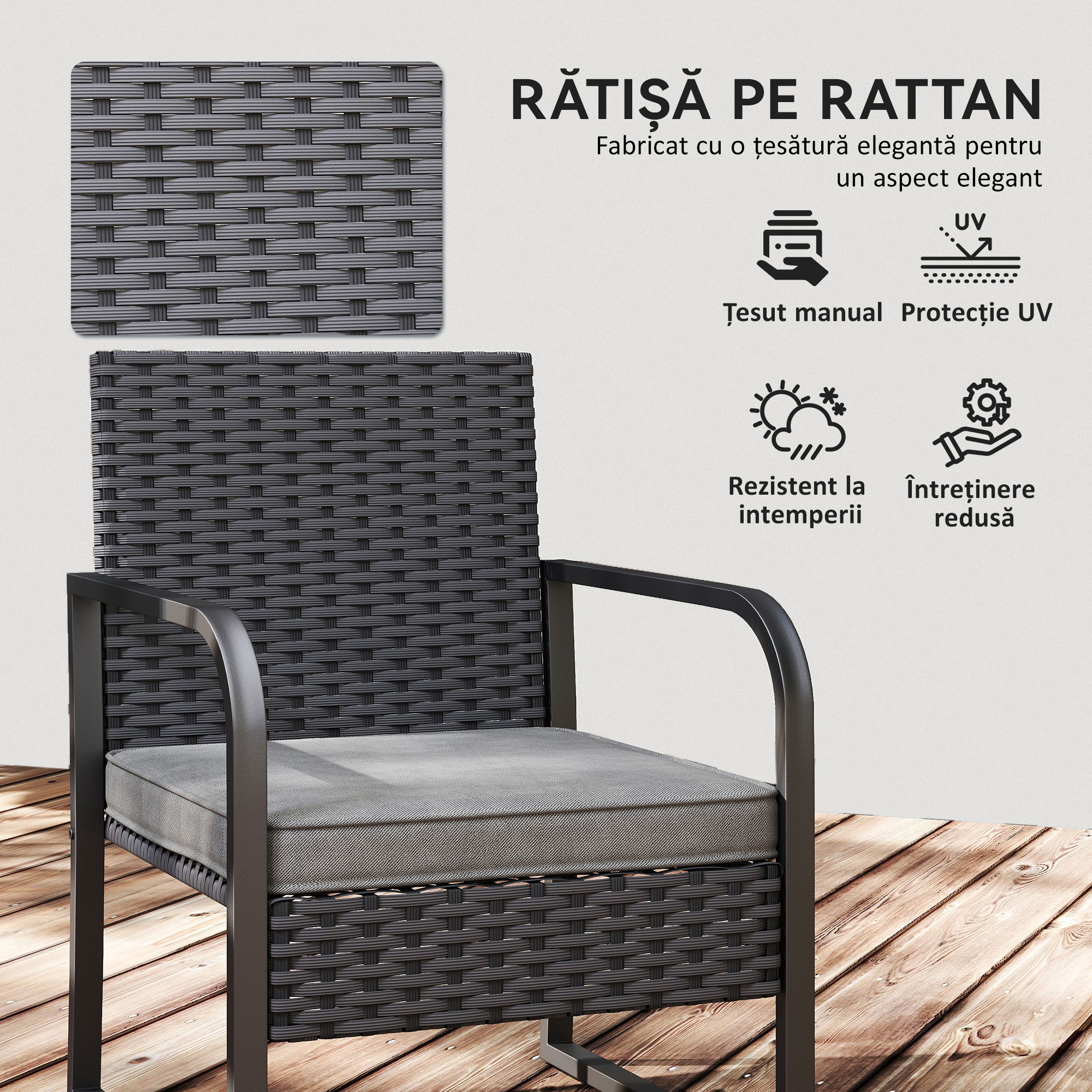  Set de Gradina 3 Piese din Rattan PE si Otel, Set cu 2 Fotolii si Perne Lavabile, Masa de Cafea cu Blat din Sticla, Mobilier de Balcon pentru Terasa sau Curte, Gri inchis si Negru [4]