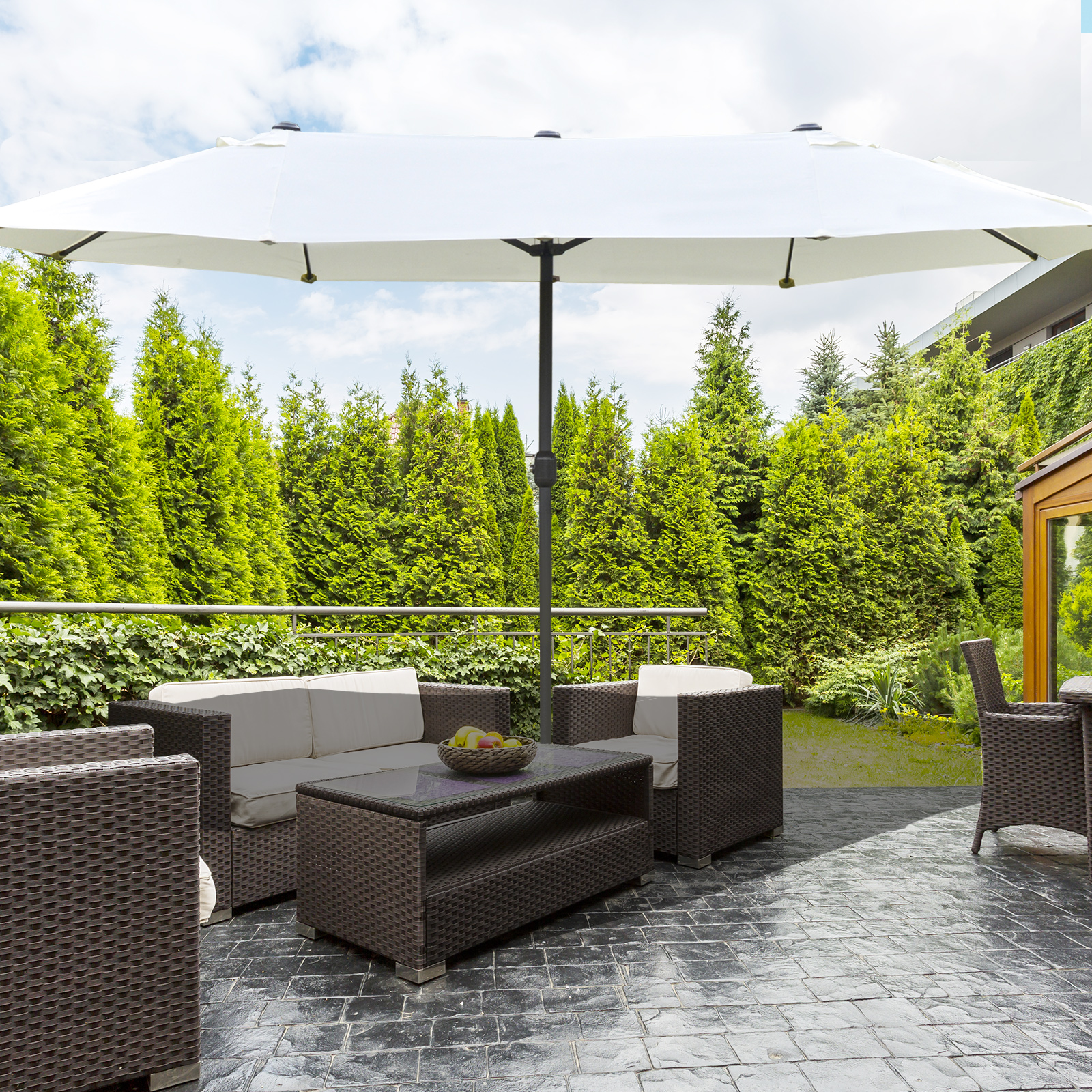  Umbrela Dubla cu 12 Spite, Baza in Cruce si Manivela, din Otel si Poliester, 455x265x238 cm, Bej [1]