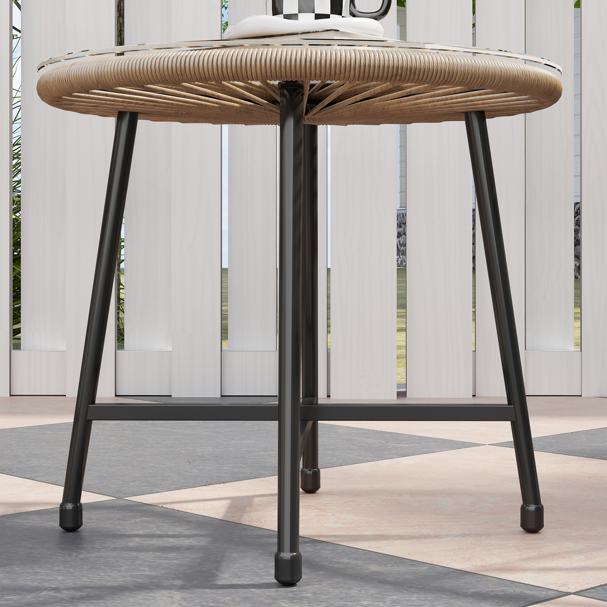  Set de Gradina 3 Piese din Ratan PE si Otel cu 2 Scaune Ovale si Masuta de Cafea, Negru si culoare Lemn [8]