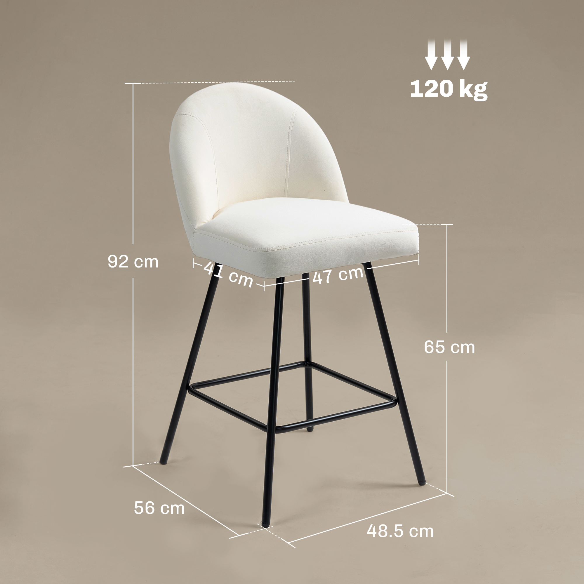  Set 2 Scaune de Bar cu Spatar din Catifea si Suport pentru Picioare, 48.5x56x92 cm, Alb Crem [2]