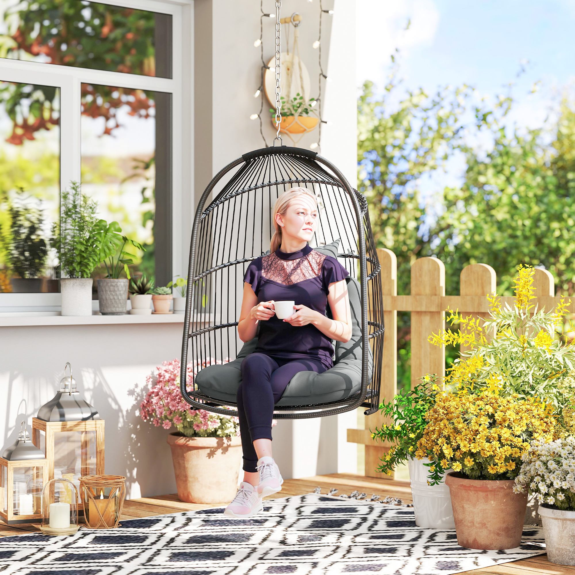  Fotoliu Suspendat Pliabil pentru Interior si Exterior cu Perna si Tetiera, Gri inchis [1]