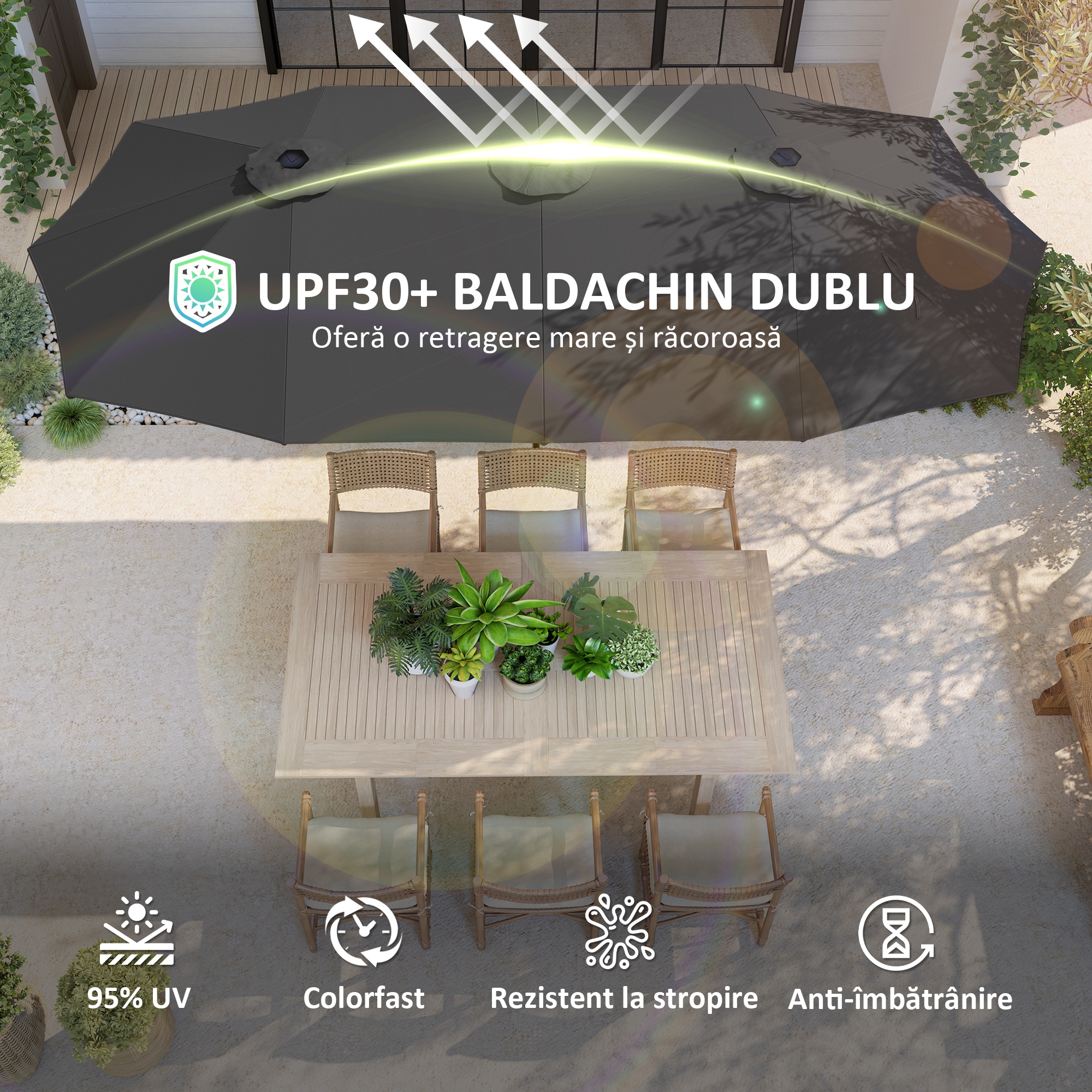  Umbrela Dubla cu Orificii de Ventilatie si Manivela, din Metal si Poliester, 4x2,2x2,34 m, Neagra si Gri inchis [3]