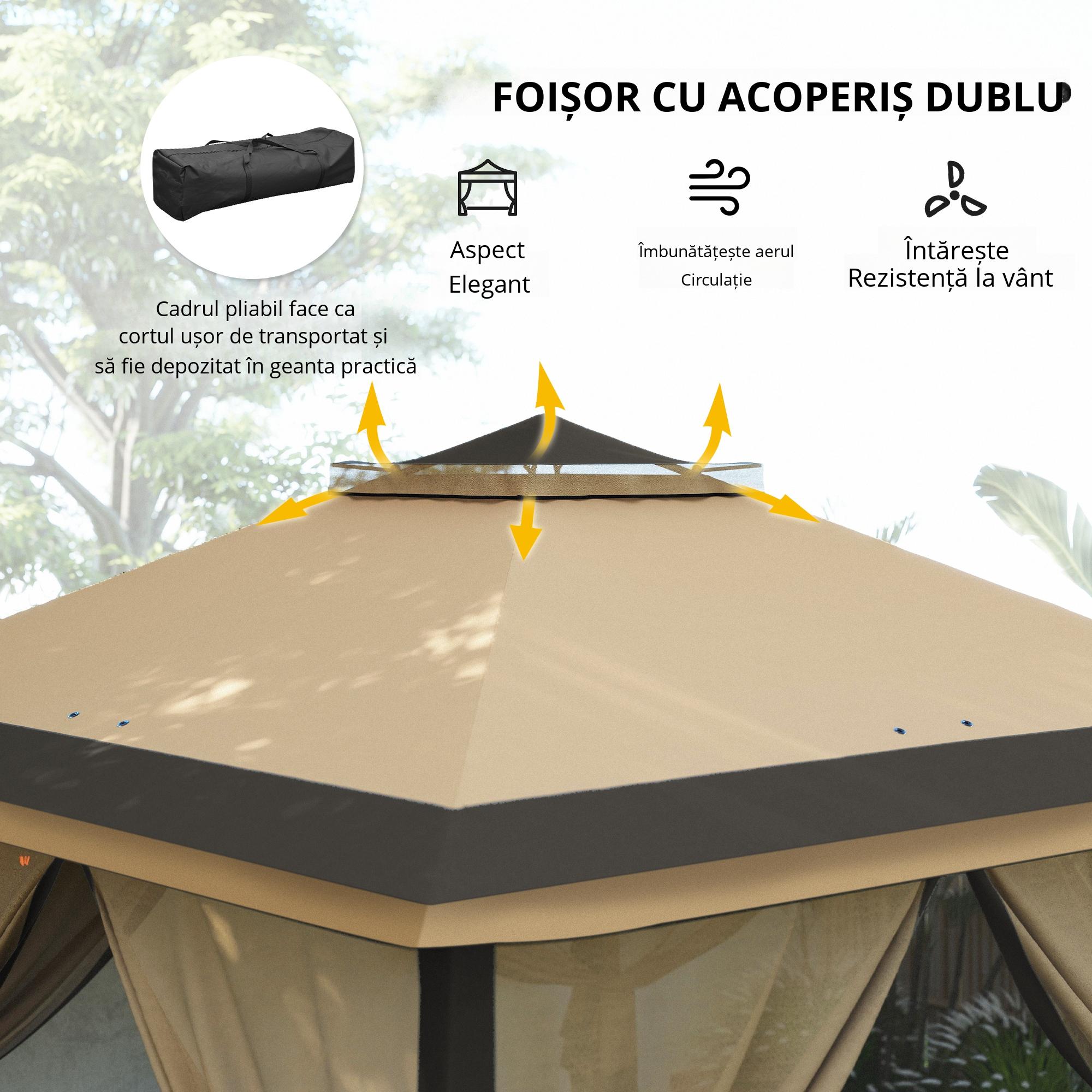  Foisor Pliabil cu Plasa de Tantari, Baldachin Dublu, inaltime Reglabila si Geanta de Transport, 330x330x288 cm, Bej [5]