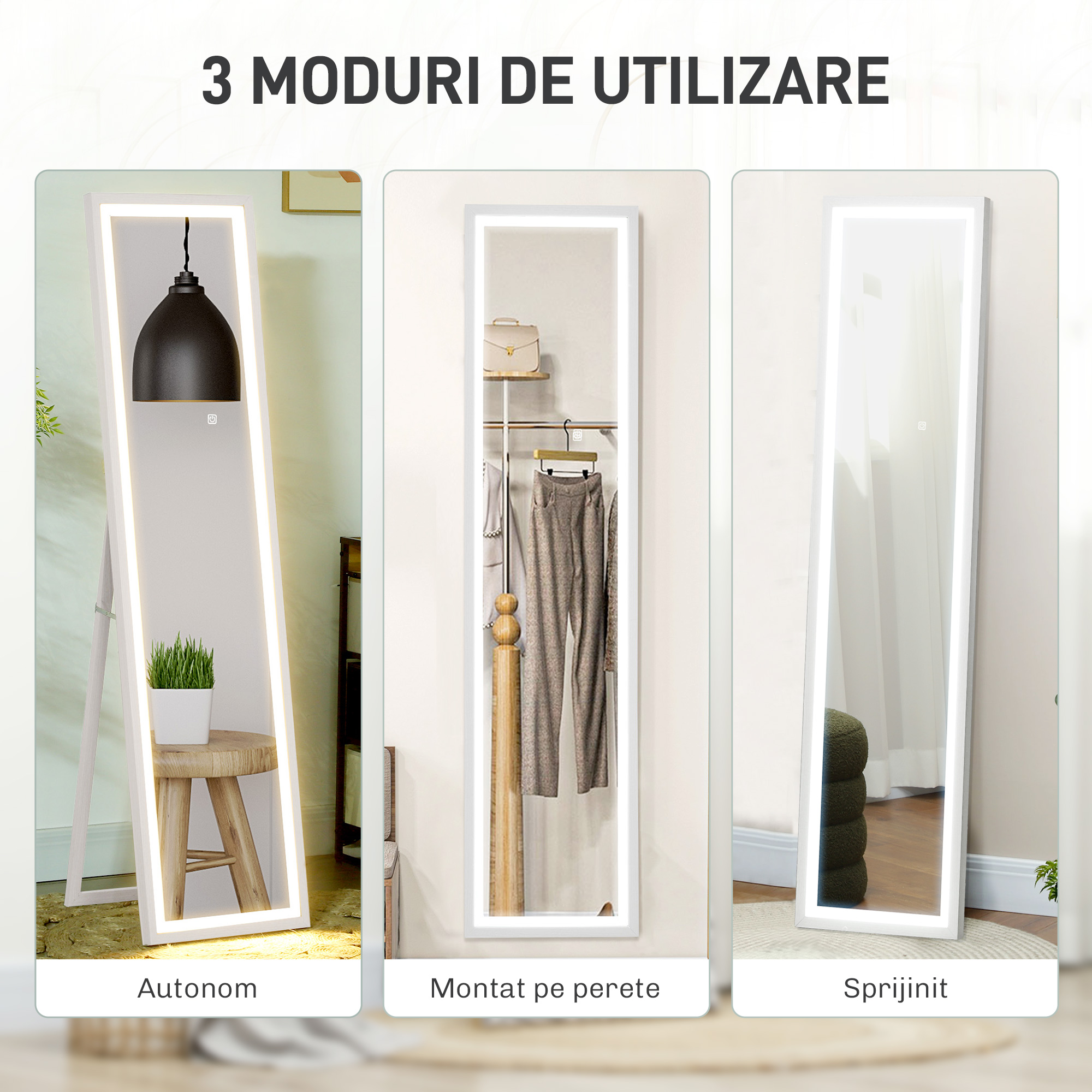  Oglinda iluminata cu lumini LED reglabile si buton tactil, din sticla si MDF, 40x5x160 cm, alba [6]