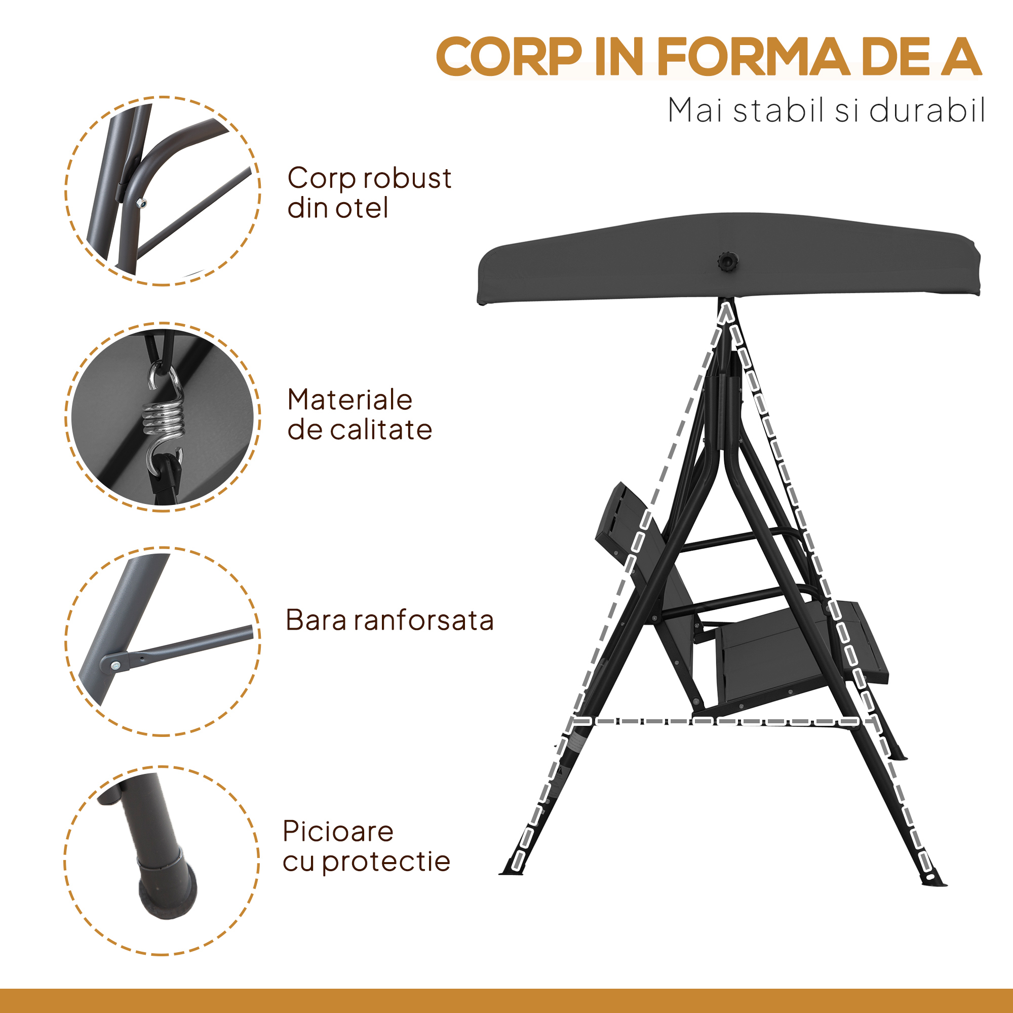  Leagan de Gradina pentru 3 Persoane cu Acoperis, sezut Respirabil si Cadru din Otel, Negru [3]