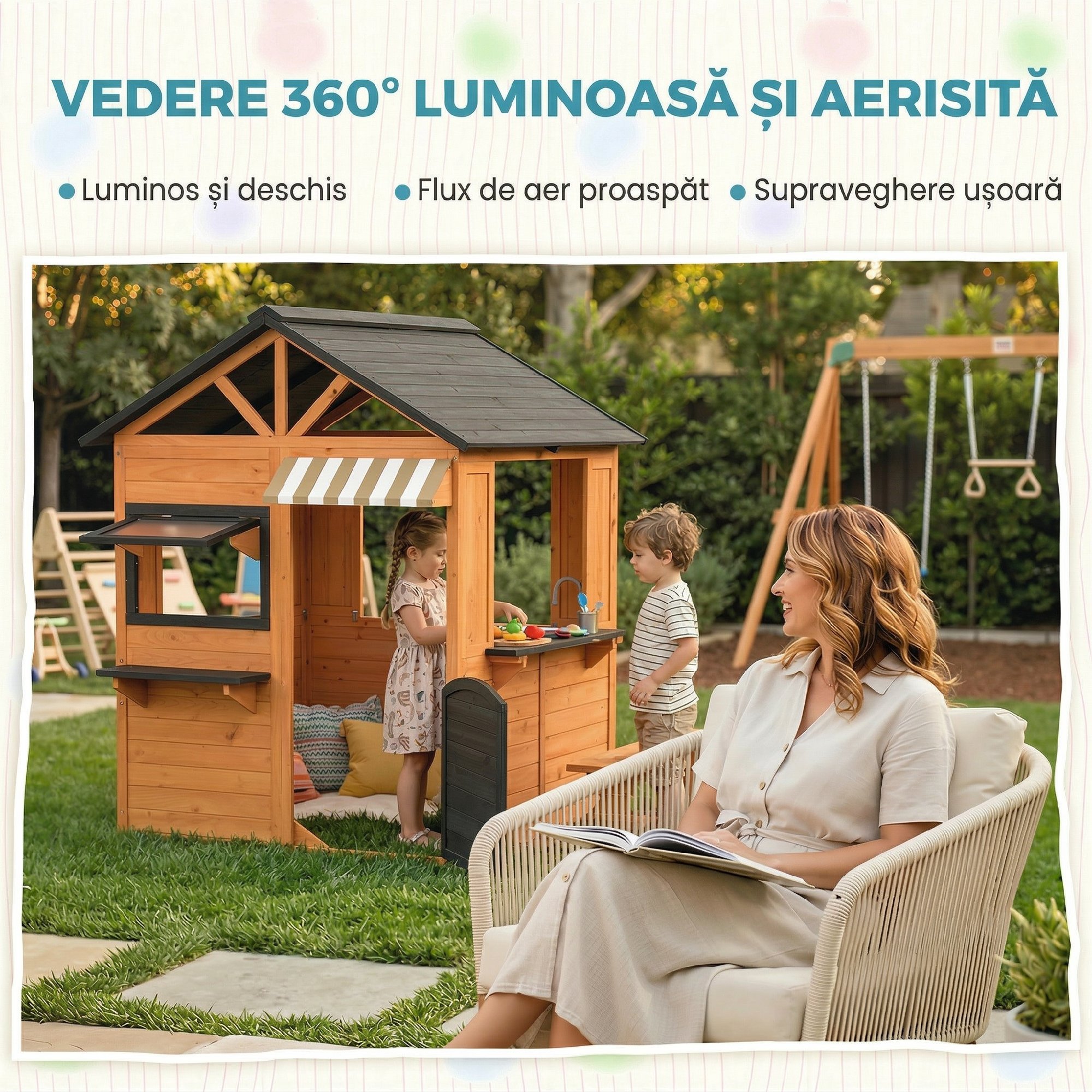  Casuta de Gradina pentru Copii din Lemn de Brad, Casuta pentru Exterior cu Bucatarie, 4 Ferestre, Usa Partiala, Banca, Raft si Acoperis, pentru Copii 3-8 Ani, 171.5x146x156 cm, Maro [5]