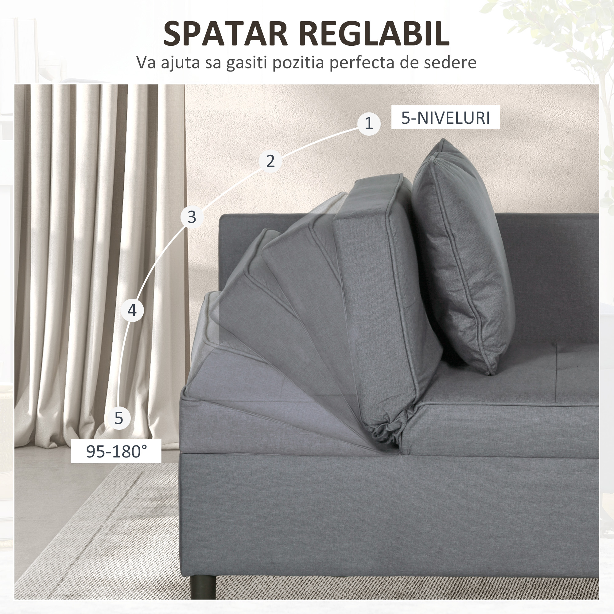  Fotoliu Pat 3 in 1 cu Spatar Reglabil, din Material Textil cu Efect de In si Lemn, 98x71x67 cm, Gri inchis [4]