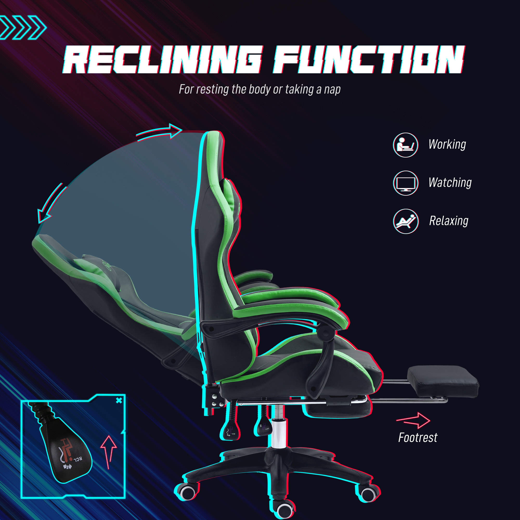  Scaun Gaming cu inaltime Reglabila, Scaun Gaming Ergonomic cu Spatar Rabatabil, 65x65x121-129 cm, Negru [4]