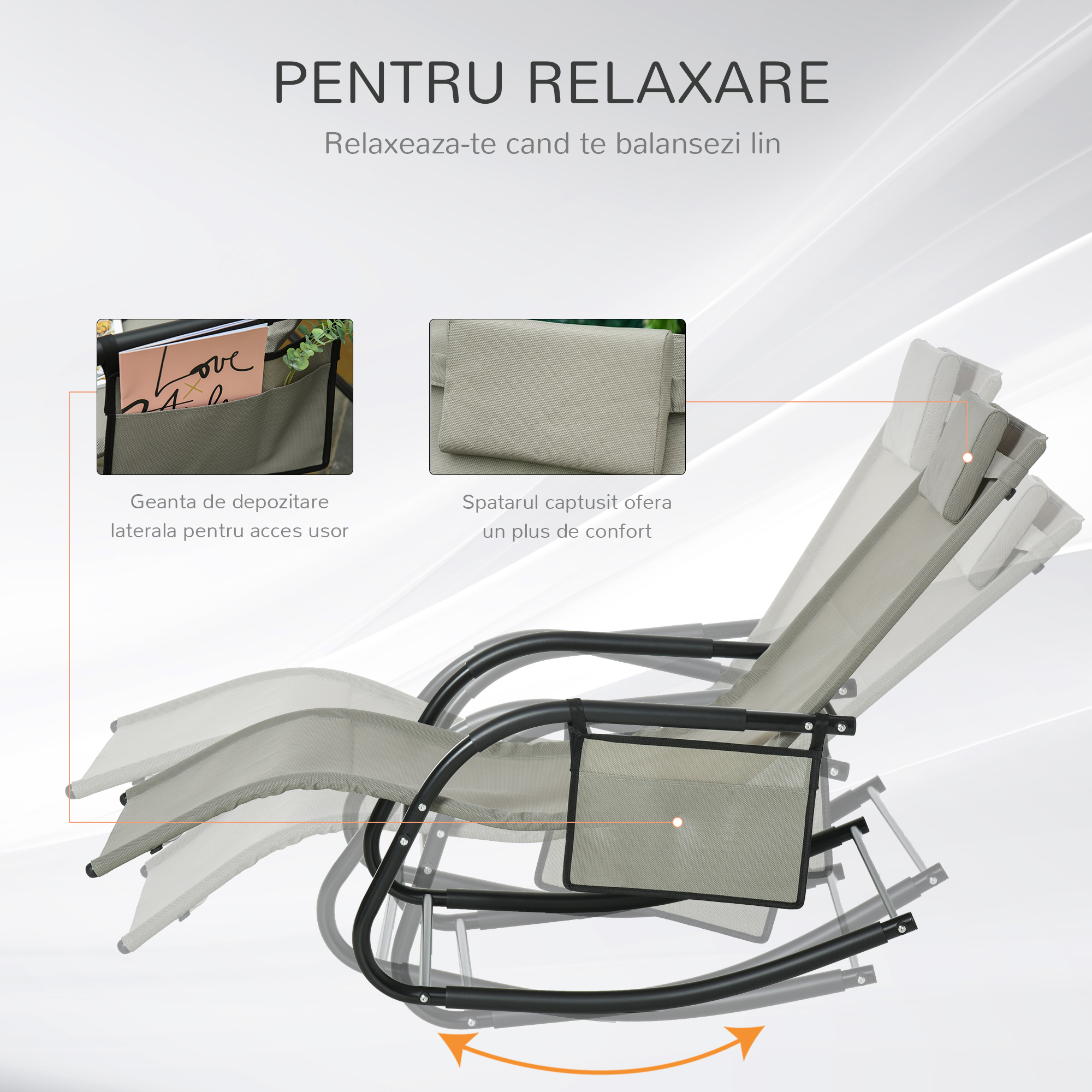  Sezlong Balansoar de Gradina cu buzunar lateral si pernuta, in Metal 62L x 88L x 165Hcm [5]