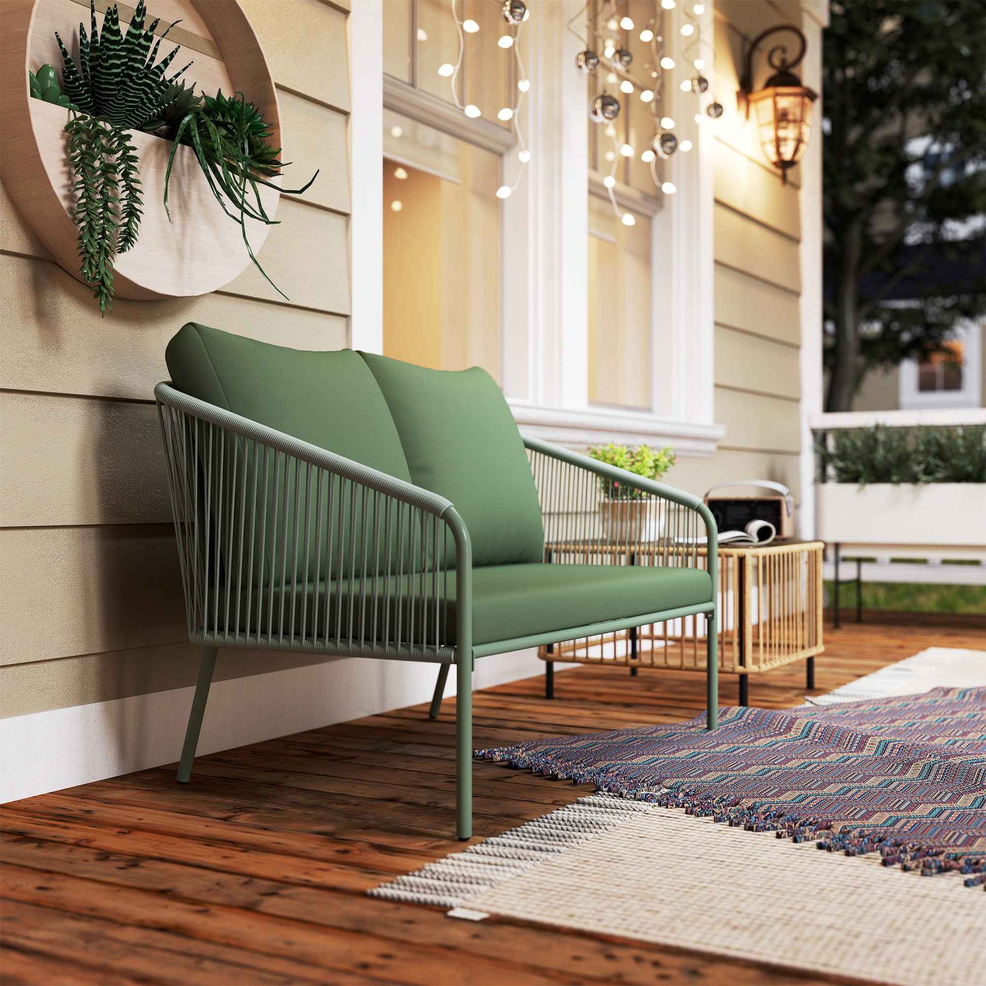  Canapea de Gradina cu 2 Locuri din Ratan PE, Stil Boho, cu Perne Detasabile si Brate, Verde [7]