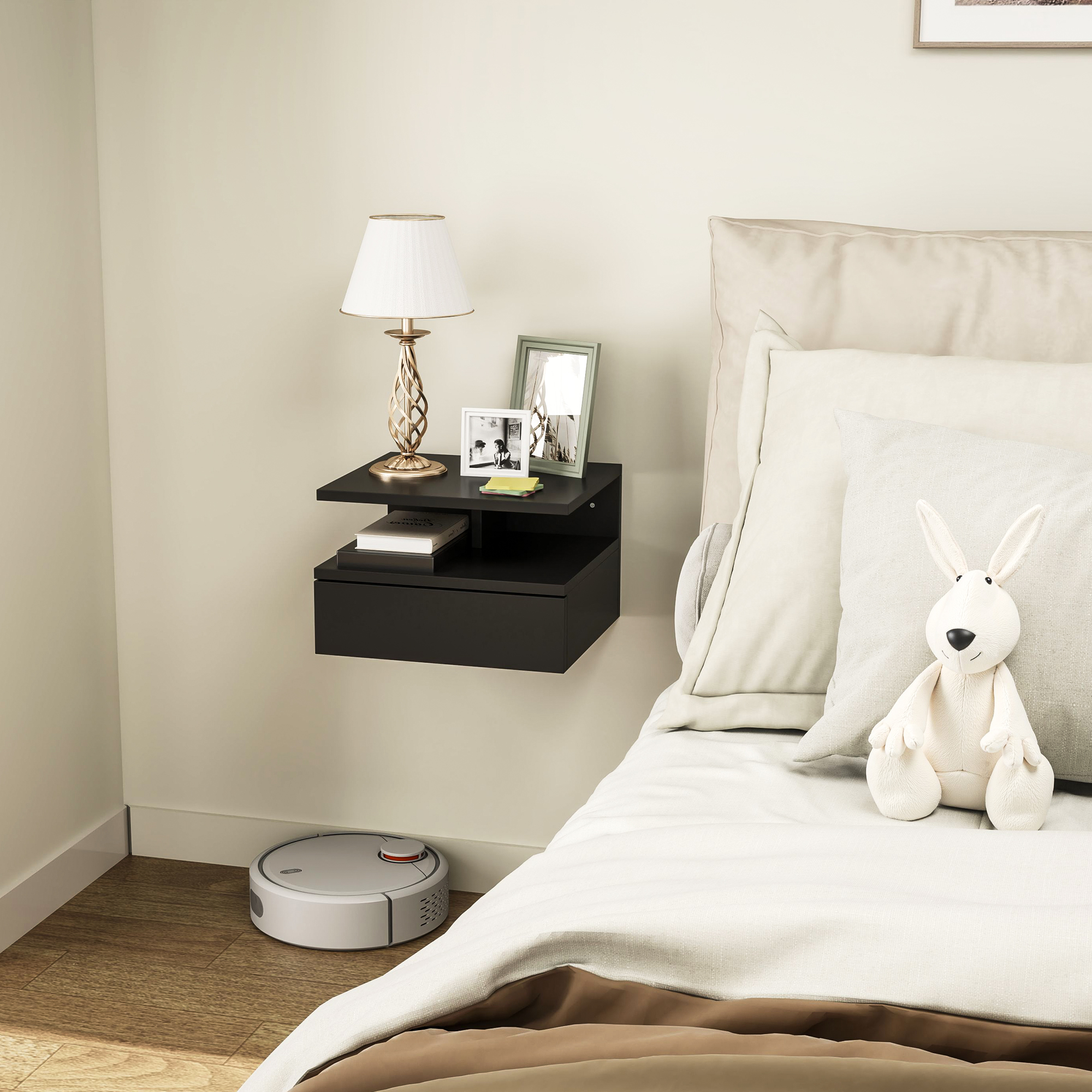  Noptiera suspendata pentru dormitor cu sertar si raft din lemn, 35x32x22.5cm, negru [1]