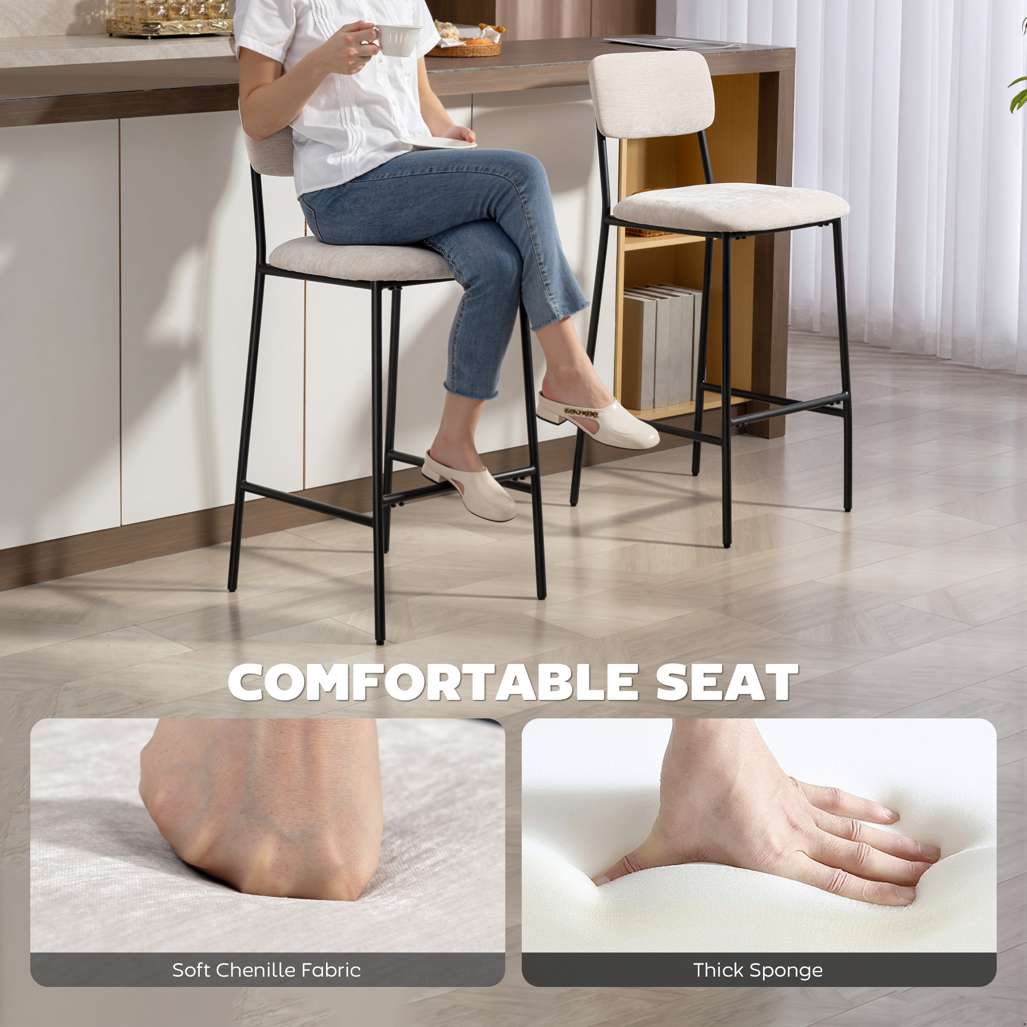  Set 2 Scaune de Bar cu Spatar inalt, Suport pentru Picioare si Tapiterie din Chenille, Crem [3]