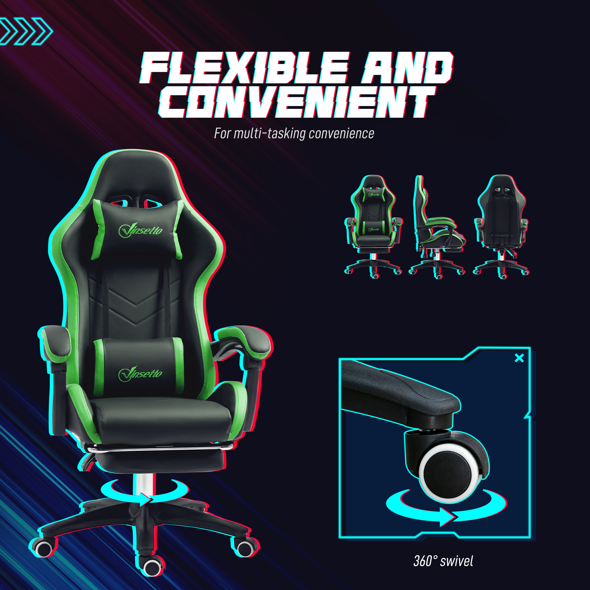  Scaun Gaming cu inaltime Reglabila, Scaun Gaming Ergonomic cu Spatar Rabatabil, 65x65x121-129 cm, Negru [5]